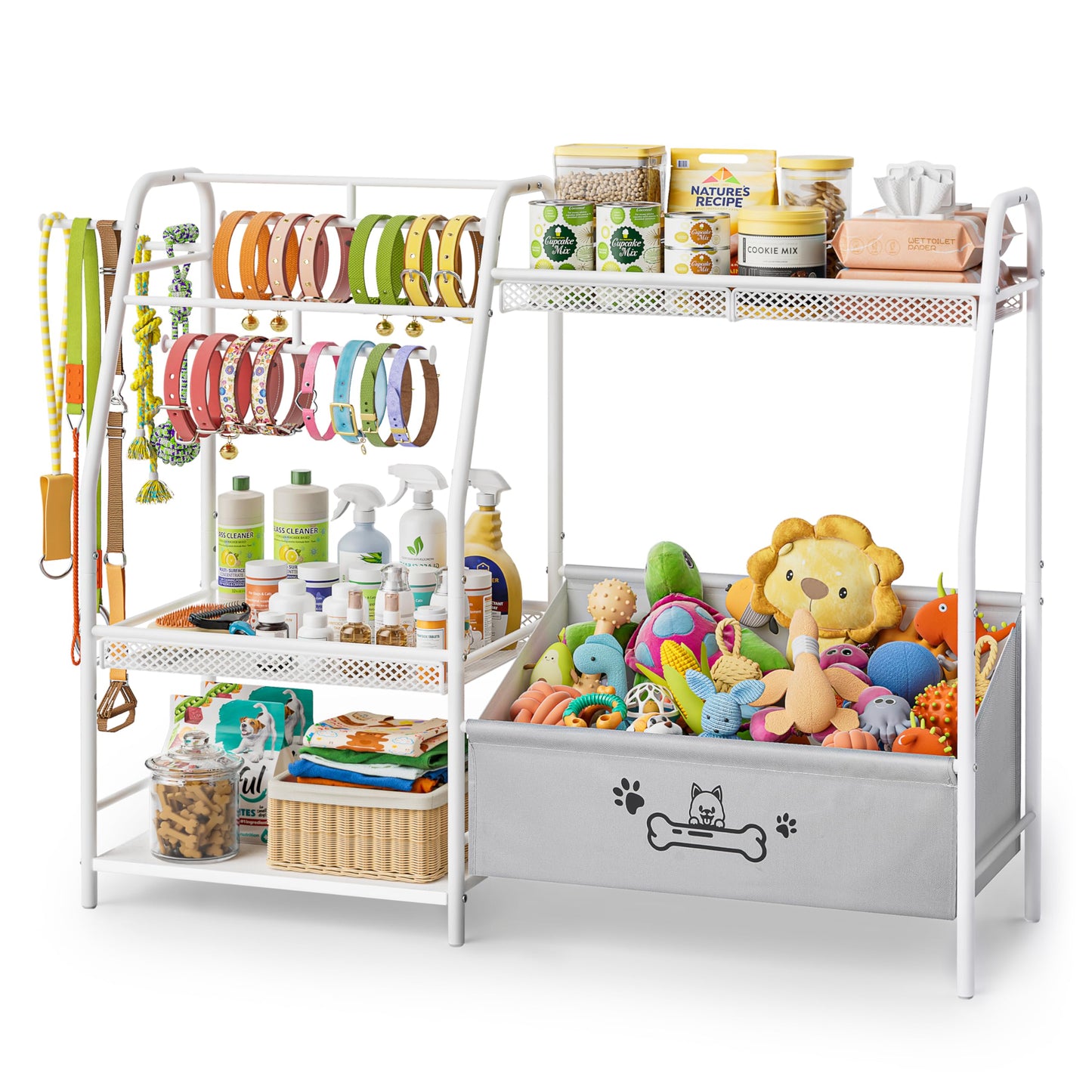 Large Dog Toy Basket with Dog Storage Organizer, Trapezoid Dogs Toy Bin Box with Collar Leash Holder Hook, Toy Holder Chest Pet Storage Cabinet for Living Room, Dogs Essentials for Pet Lovers Gift