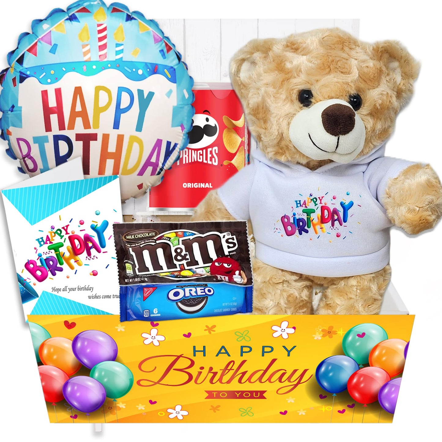 Birthday Gift Basket | Care Package for kids w/Teddy Bear, Happy Birthday Balloon & Greeting card, Candy & Snacks. The ultimate variety gift box for boy, girl, teenager, Grandson or Granddaughter