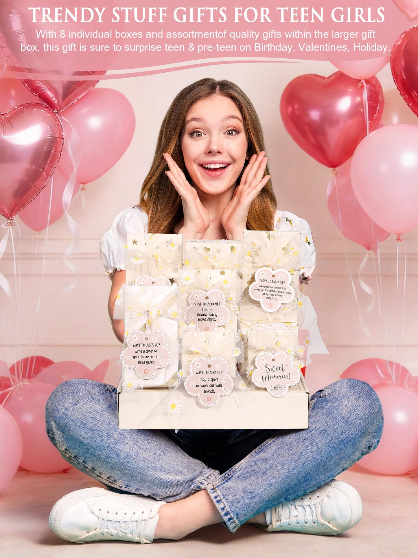 Easter Basket Gifts for Tween & Teen Girls, 8 PCS Birthday Gift Teenage Girl Gifts Trendy Stuff w/Fun Task Tag Makeup Brushes & Bag, Empower Positive Wrapped Gift Prefilled Stuffers for Daughter Niece