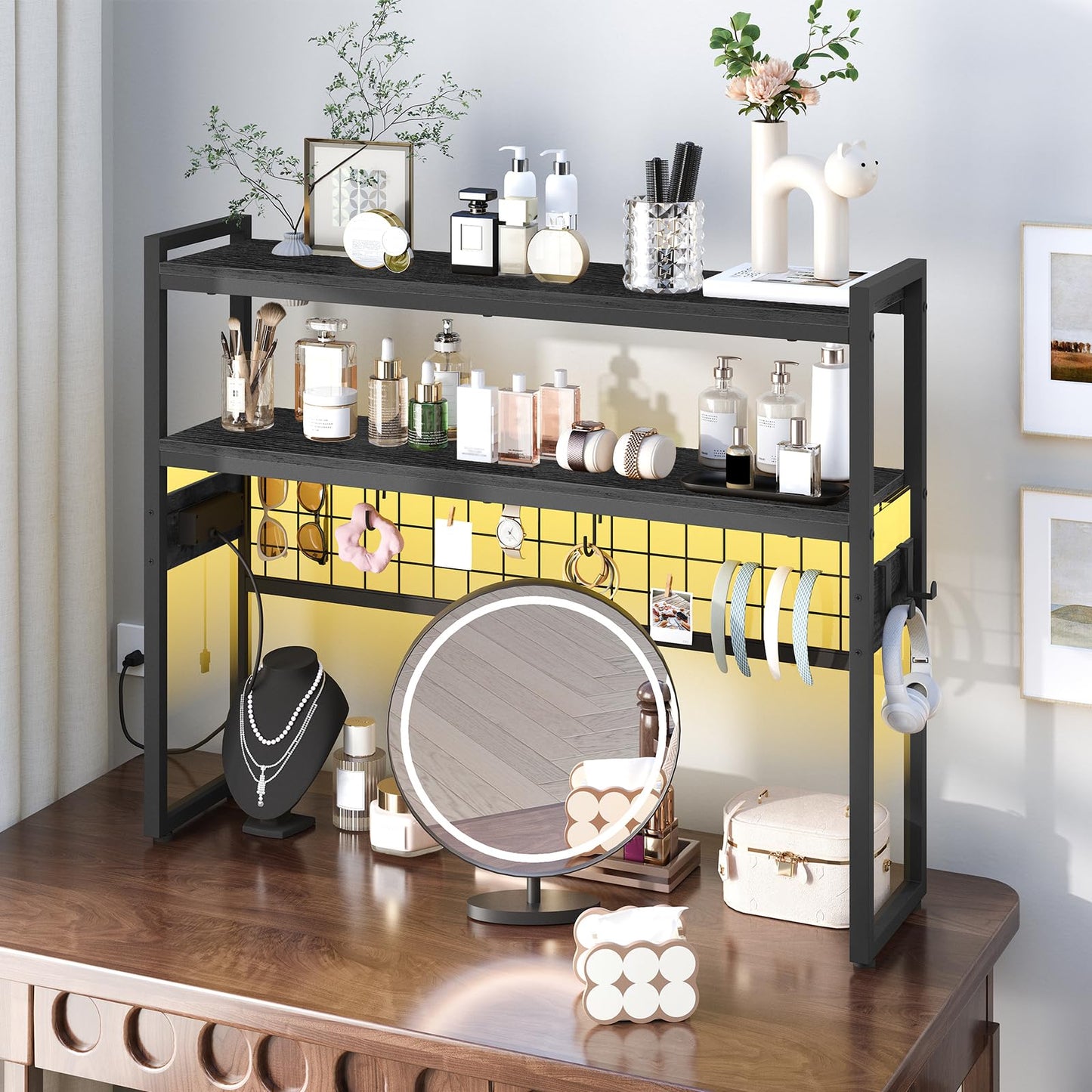 HOOBRO Desktop Bookcase, 37.4" Large Desk Shelf, 2-Tier Desktop Organizer, Wooden Office Storage Rack with Outlets, Display Shelf Rack with Light Strip, Desk Hutch for Office, Black BB13UDSJ01
