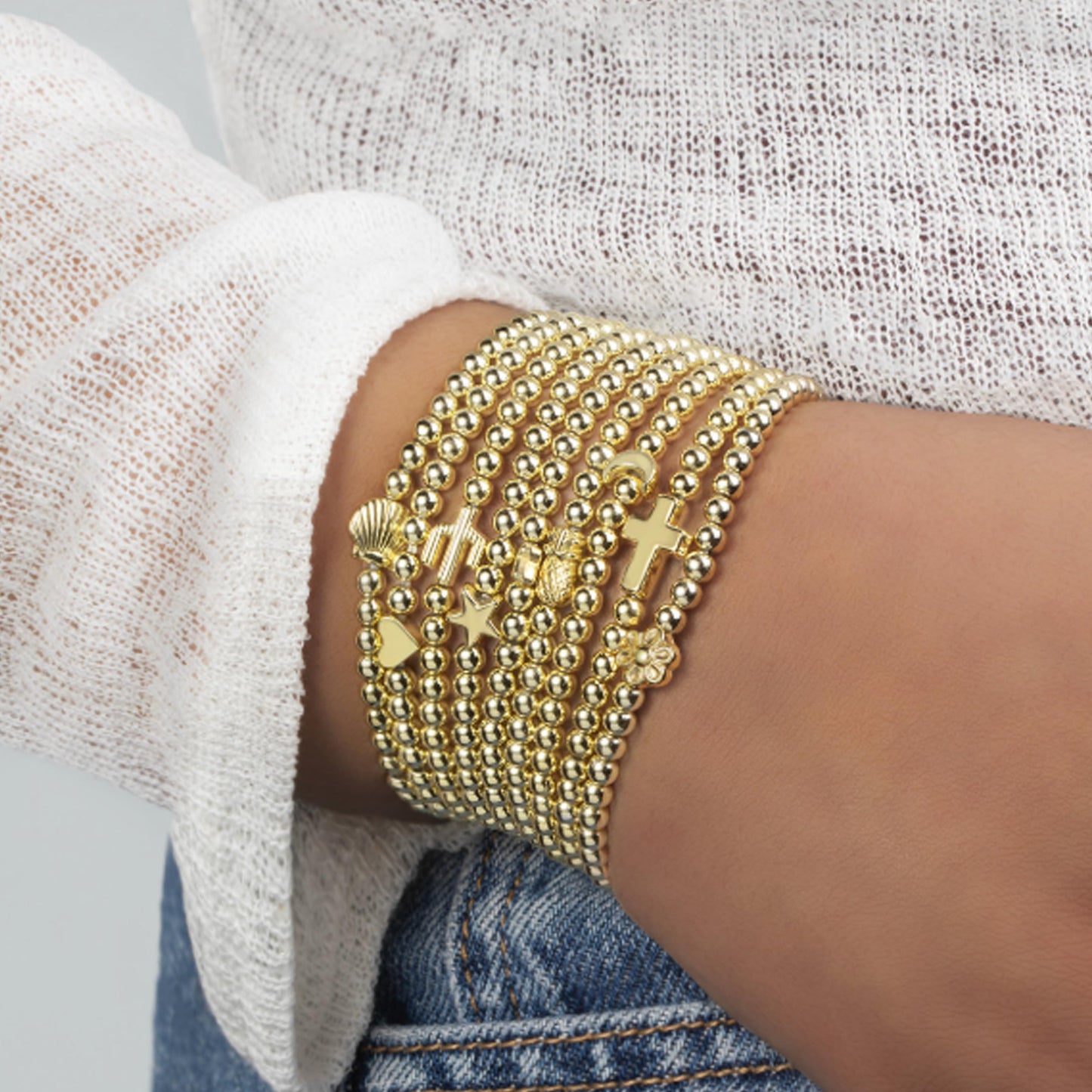 Harry and Henry Gold Beaded Bracelets for Women Non Tarnish Dainty Pearl Beaded Bracelet Cross Stack Stretch Bracelets for Women Trendy Gifts 2025 Easter Basket Stuffers