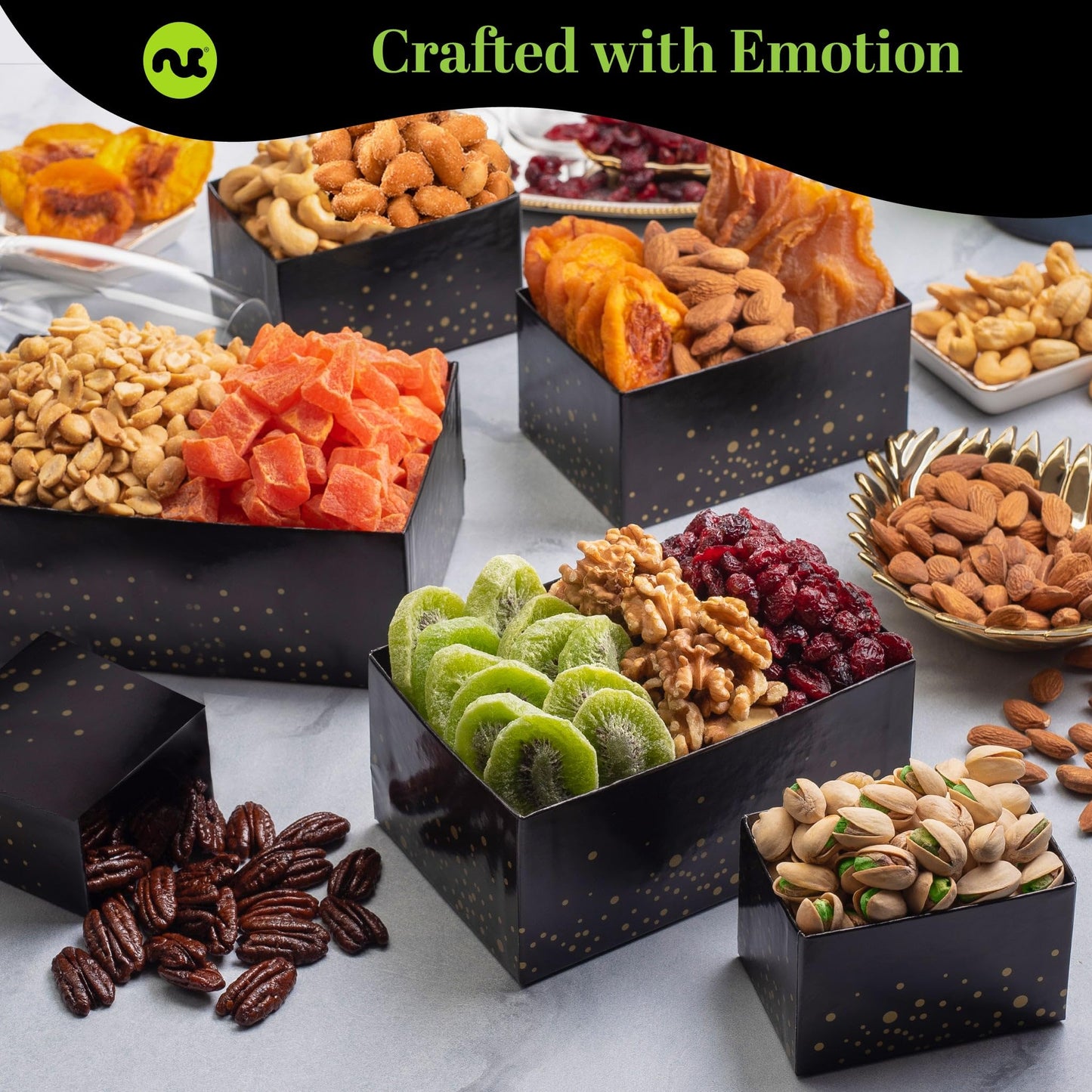 NUT CRAVINGS - Mothers Day Treats, Dried Fruit & Mixed Nuts Gift Basket, Black Tower + Heart Ribbon (12 Assortments) Food Arrangement, Healthy Snack Care Package, Kosher