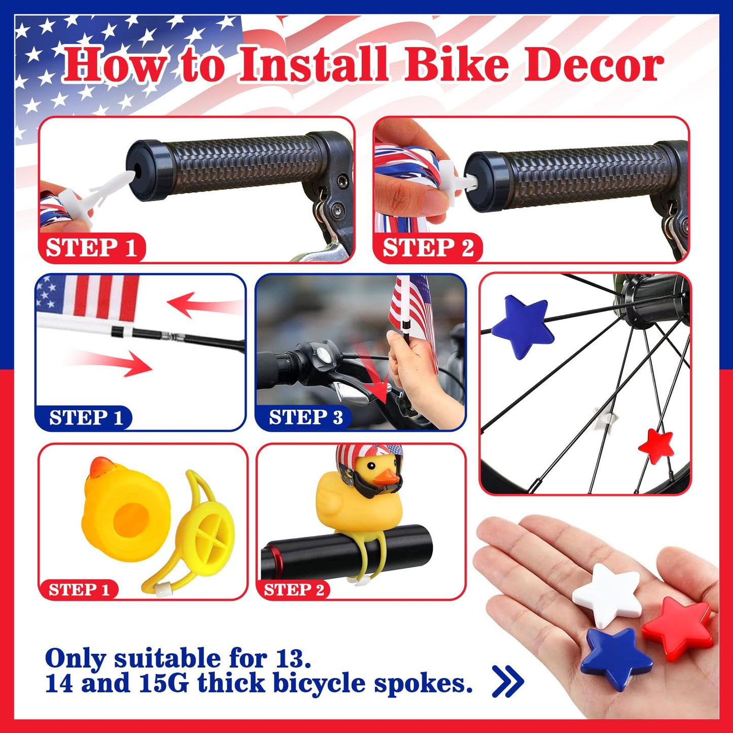 4th of July Bike Decorations for Kids - Parade Patriotic Bicycle Decor, Red White Blue Bike Tassels Streamers, Tinsel, Rubber Duck, Wheel Spokes Beads, American Flags for Independence Day Party Favor