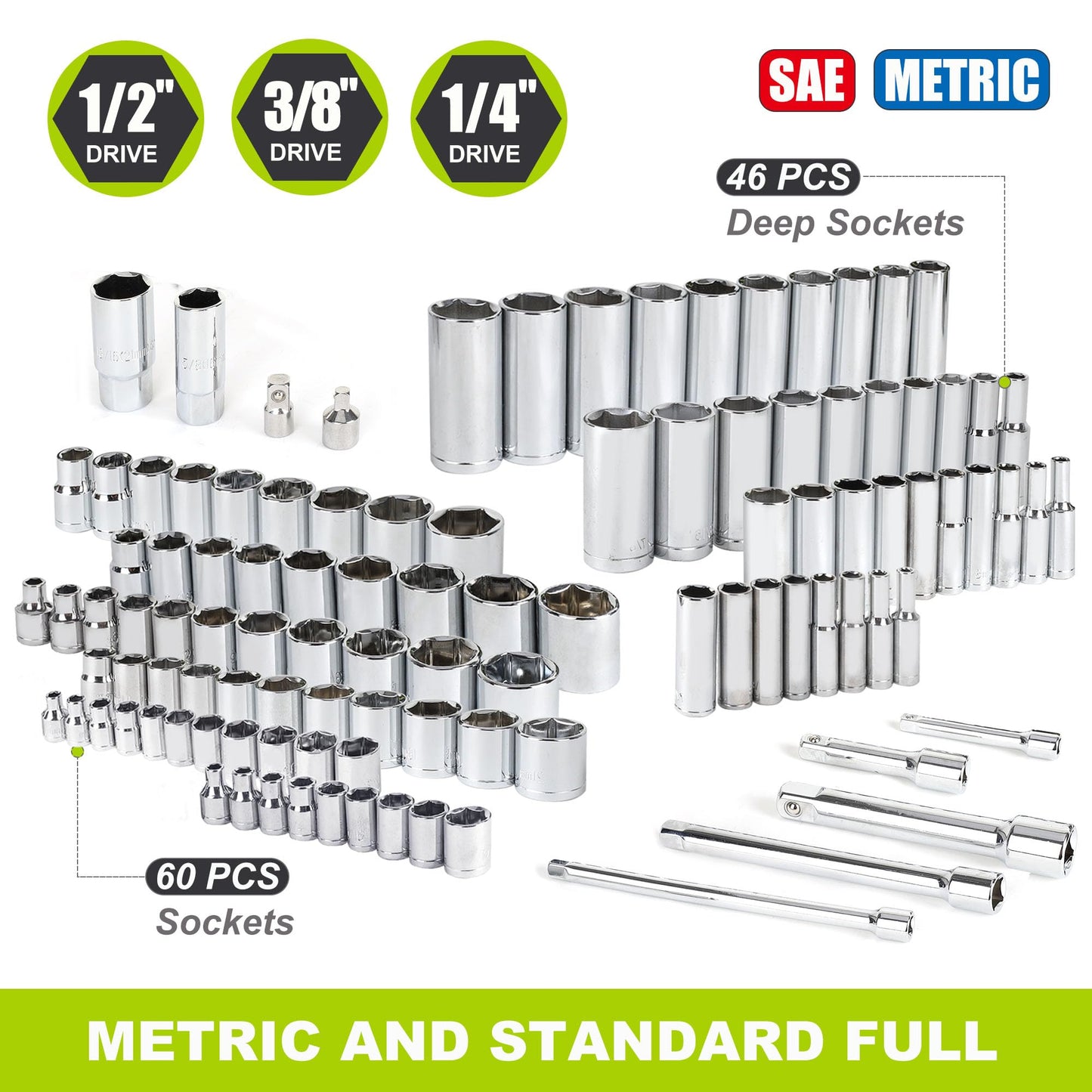 FASTPRO 249-Piece Mechanics Tool Set, 1/2", 3/8", 1/4" Socket Set, SAE and Metric Socket Wrench Set, Include Combination Wrenches, Ratchets, Hex Keys, Tool Kit for Auto Repairs and Maintenance