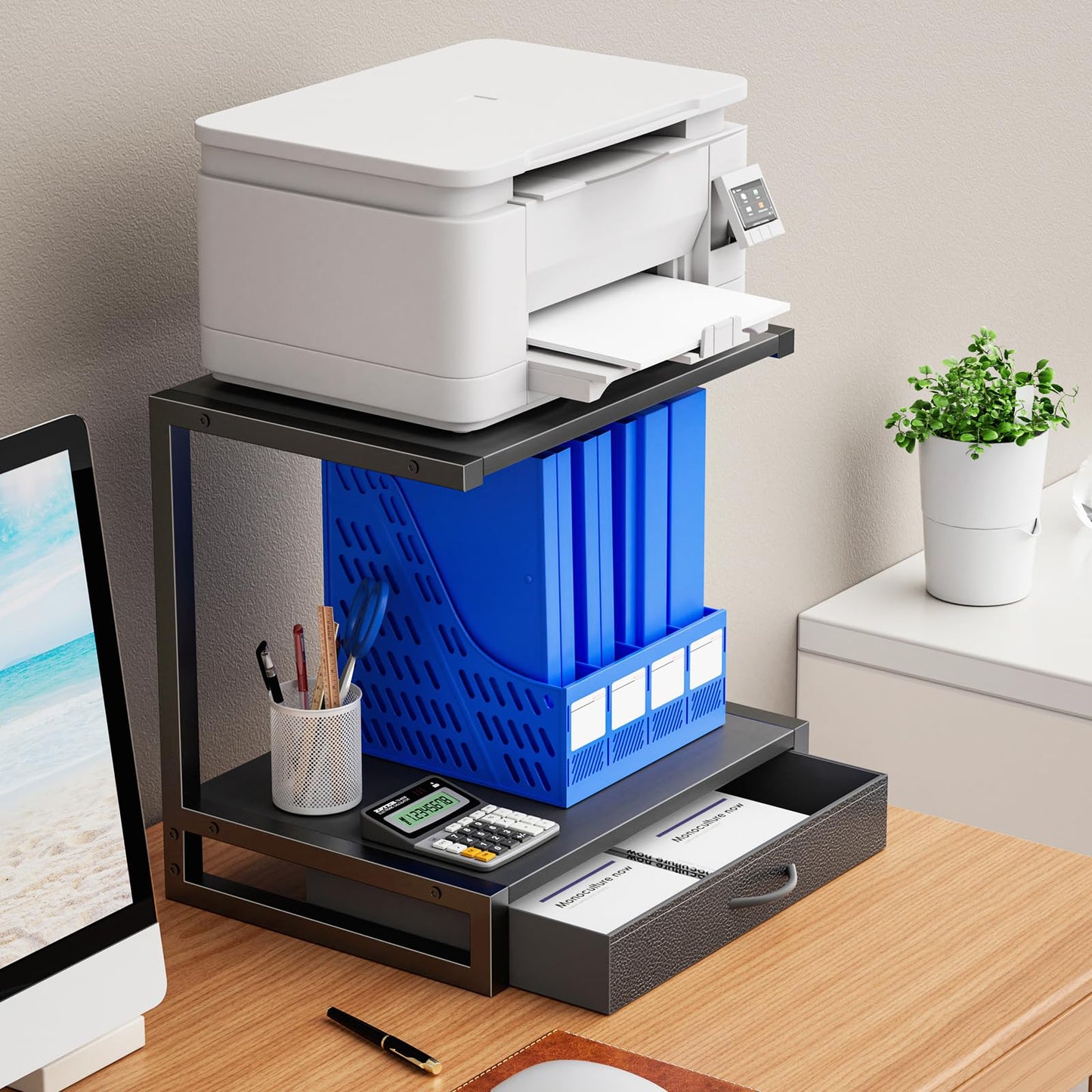 YAOHUOO 2-Tier Desktop Printer Stand with Fabric Drawer, Prtiner Table with Storage Shelf, Desk Organizer for Home Office,3D Printer,Fax Machine,Scanner, 17.3"x11.8" Black