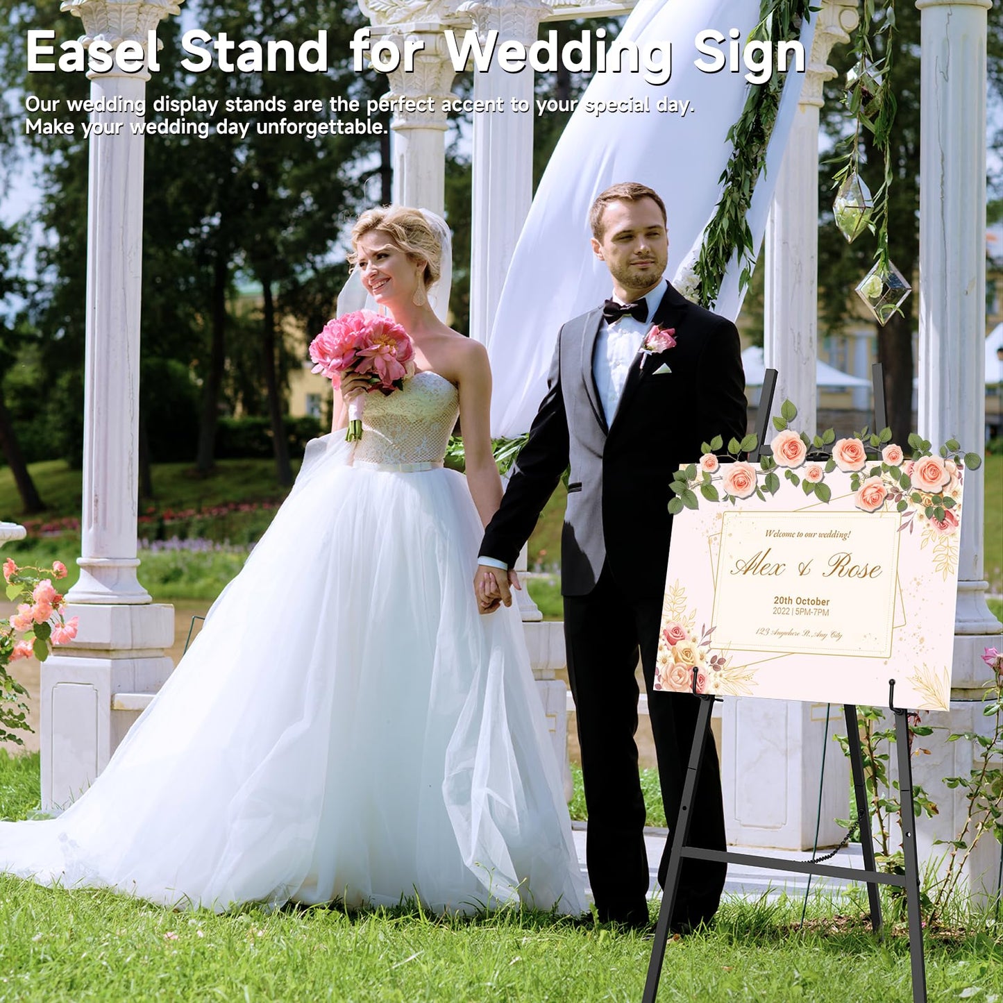 Black Easel Stand for Signs, 4-Tier Height Metal Standing Easel with Adjustable Chain, Heavy Duty Art Easel for Painting, Wedding Sign, Party, Posters & Commercial Display