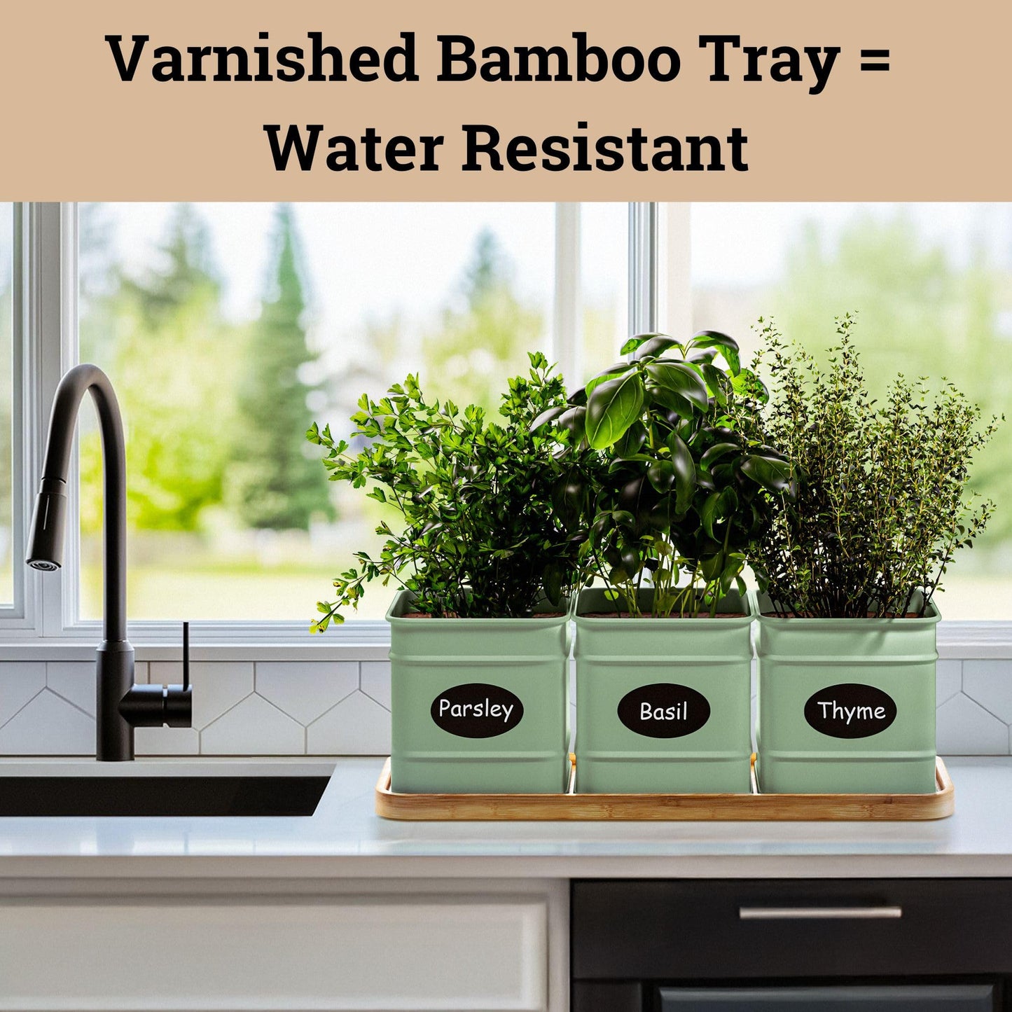 Herb Planter Indoor - 3 Iron Herb Pots with Drainage Holes, Varnished Bamboo Tray, Customizable Labels & Marker Pen - Indoor Herb Garden Planter - 3 Pots for Herbs - Inside Spice Garden - Basil Pot