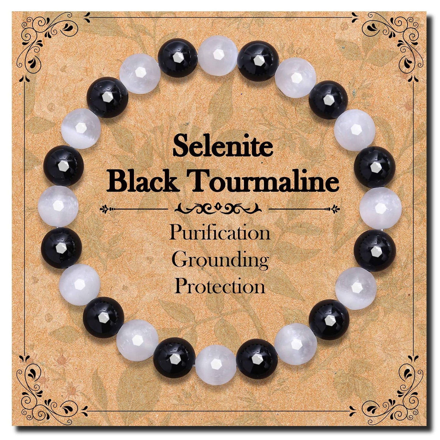 BONNY BOXX Mixed 8mm Natural Stone Bracelet for Purification, Handmade Stretch Selenite Black Tourmaline Bracelet Adjustable Crystal Healing Jewelry for Unisex Spiritual Gift