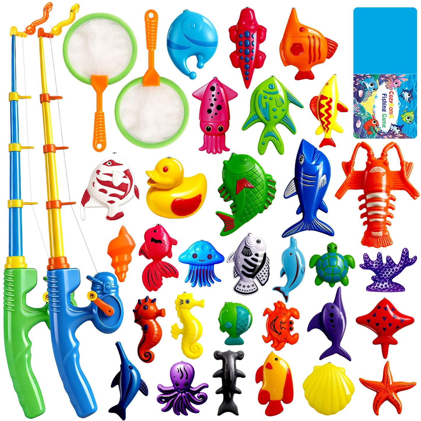 CozyBomB™ Magnetic Fishing Toys Game Set for Kids | Water Table Bathtub Kiddie Pool Party Pole Rod Net, Outdoor Plastic Floating Fish, Toddler Bath Color Ocean Sea Animals Birthday Gift Age 3-5 6 4-8