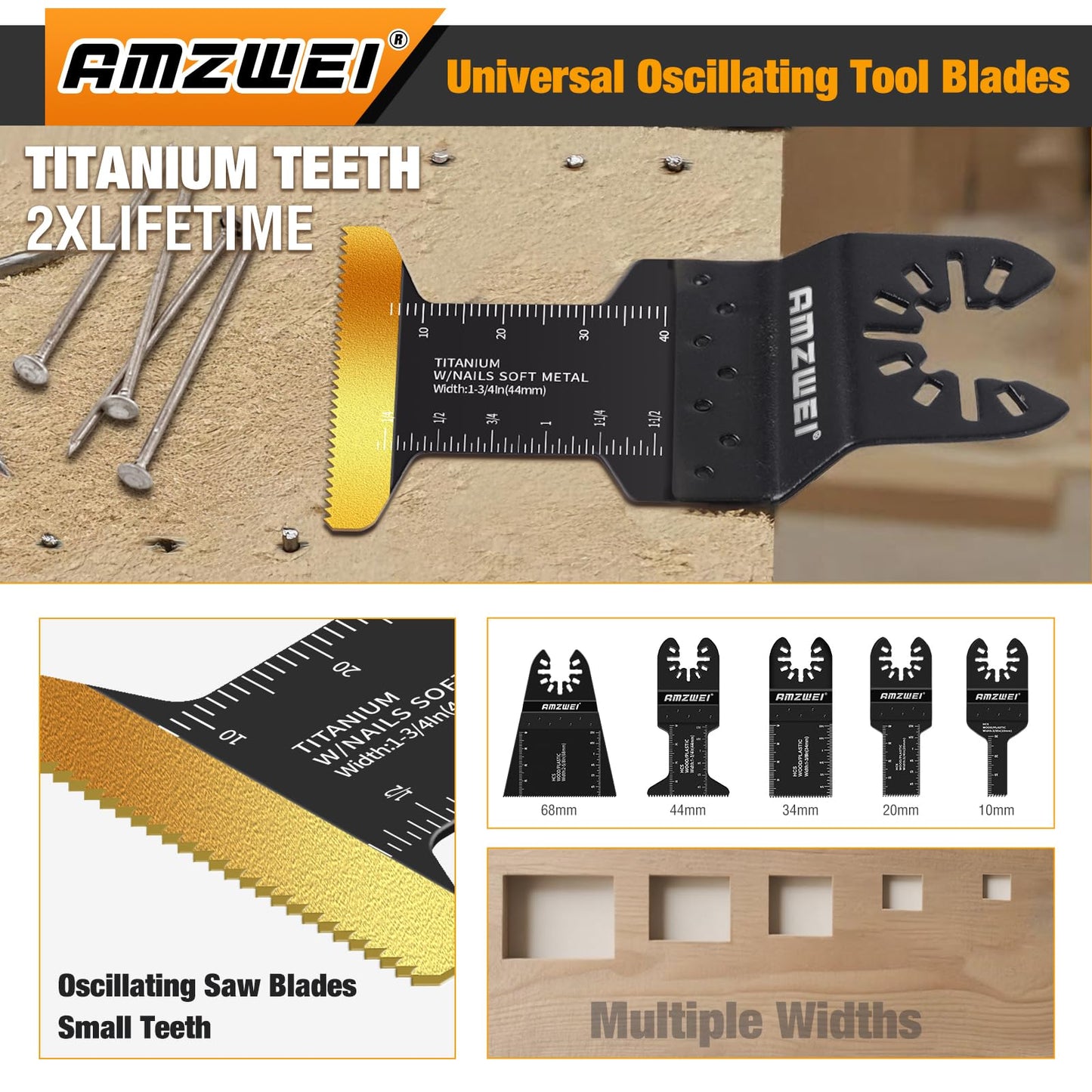 AMZWEI 190 Metal Wood Oscillating Tool Blade, Titanium Oscillating Saw Blades with Sandpaper, Quick Release Multi Tool Blades Kits Compatible with Dewalt Ryobi Milwaukee Rockwell Fein Makita