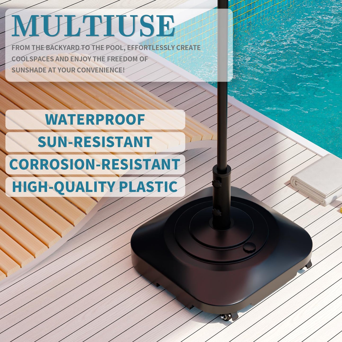 Umbrella Base, Heavy Duty Patio Umbrella Stand with 5 Wheels, Max 100lb Fillable Mobile Outdoor Base, Pole Holder 2 Knobs, UV Resistant and Windproof Design for Patio, Deck, Poolside, Lawn(19 in)
