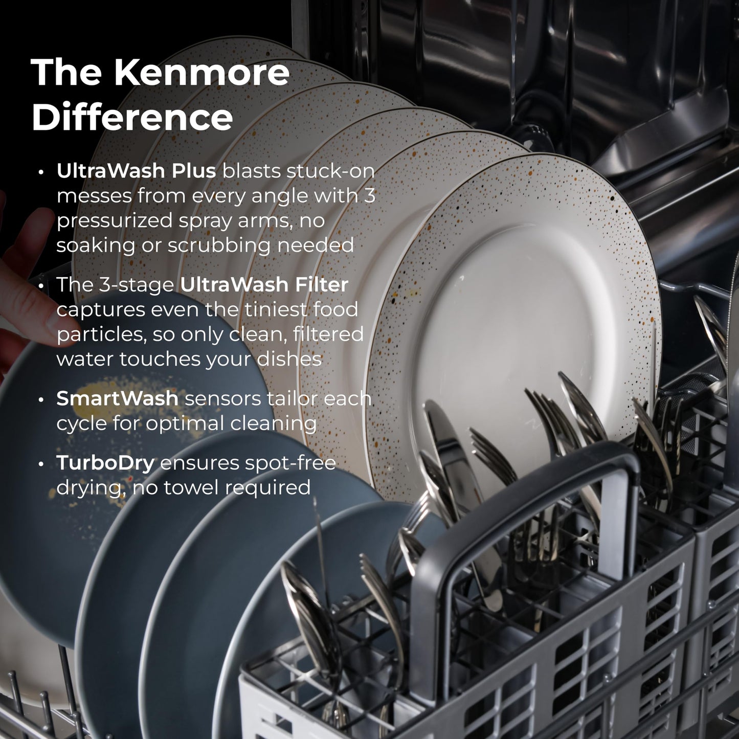 Kenmore Elite 24" Built-In Dishwasher - UltraWash Plus, TurboDry, QuietWash, SmartWash, TurboFlex Third Rack & Reach-Thru Handle - 15 Place Settings - 42 DBA - ENERGY STAR Certified - Stainless Steel