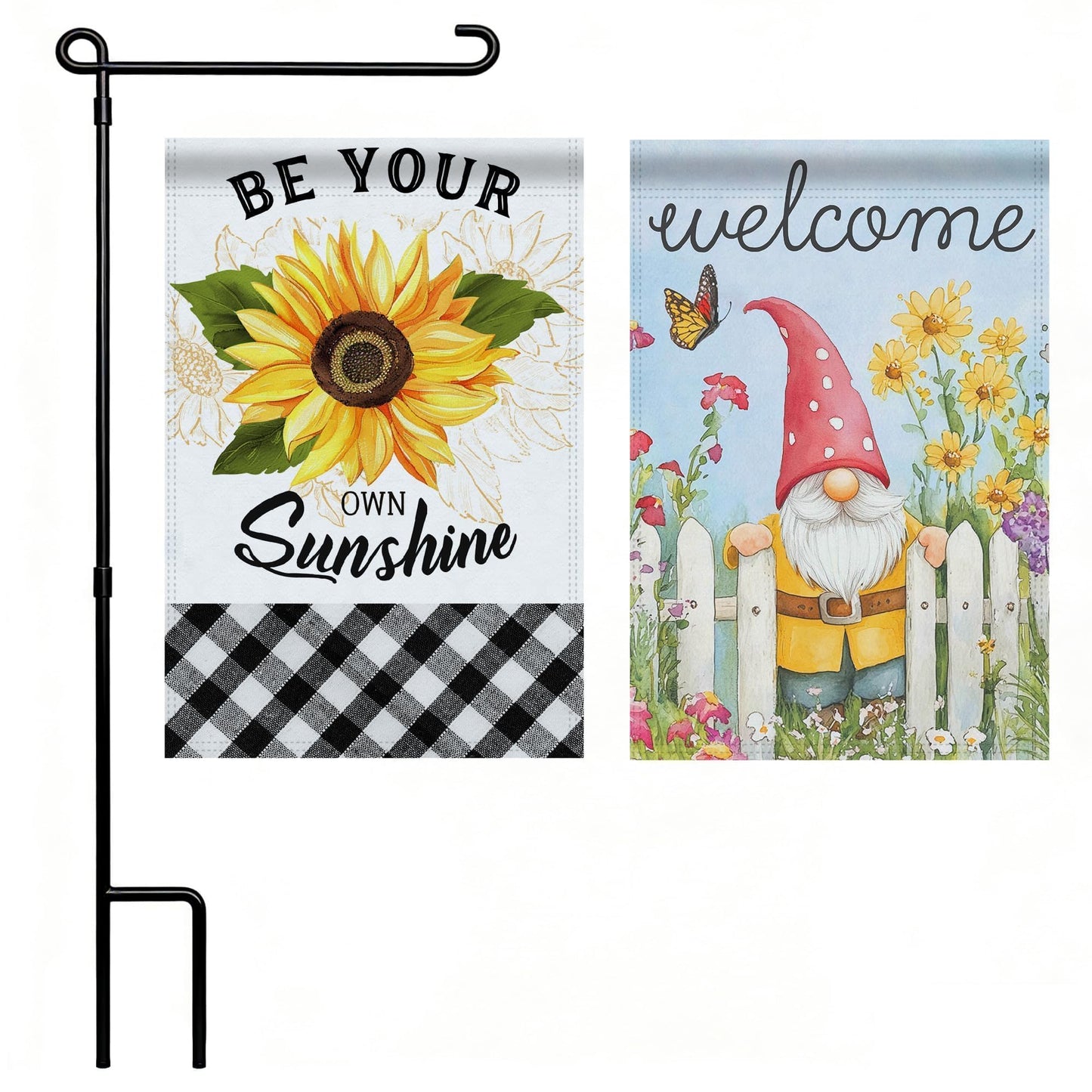 Topadorn Suede Garden Flag Stand Set with 2 Suede Double-Sided 12x18 Inch Flags – Metal Holder Pole Stake for Yard, Patio, Lawn Outdoor Decor(Flower)