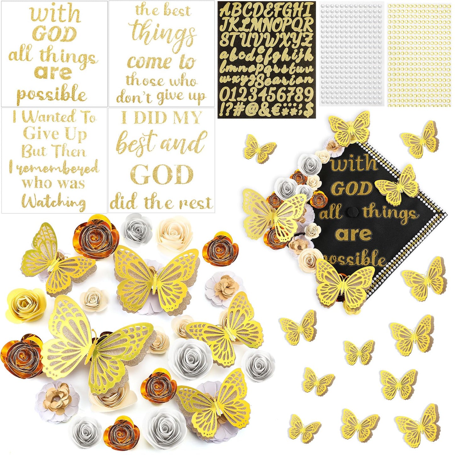 Feifeiya 44 Pcs DIY Graduation Cap Decoration Accessory Kit Faux Paper Flower Head Graduation Quote Glitter Sticker 3D Butterfly Pearl Rhinestone Sticker for Grad Cap Topper Gift(Gold)