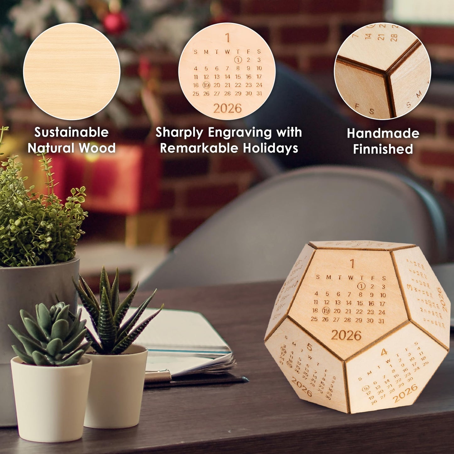 2026 Wooden Desk Calendar Cube – Dodecahedron Office Decor, Unique New Year Gift for Men Women, Gifts for Coworkers Employees Boss, Chinese New Year Gifts, Valentines Day Gifts For Him