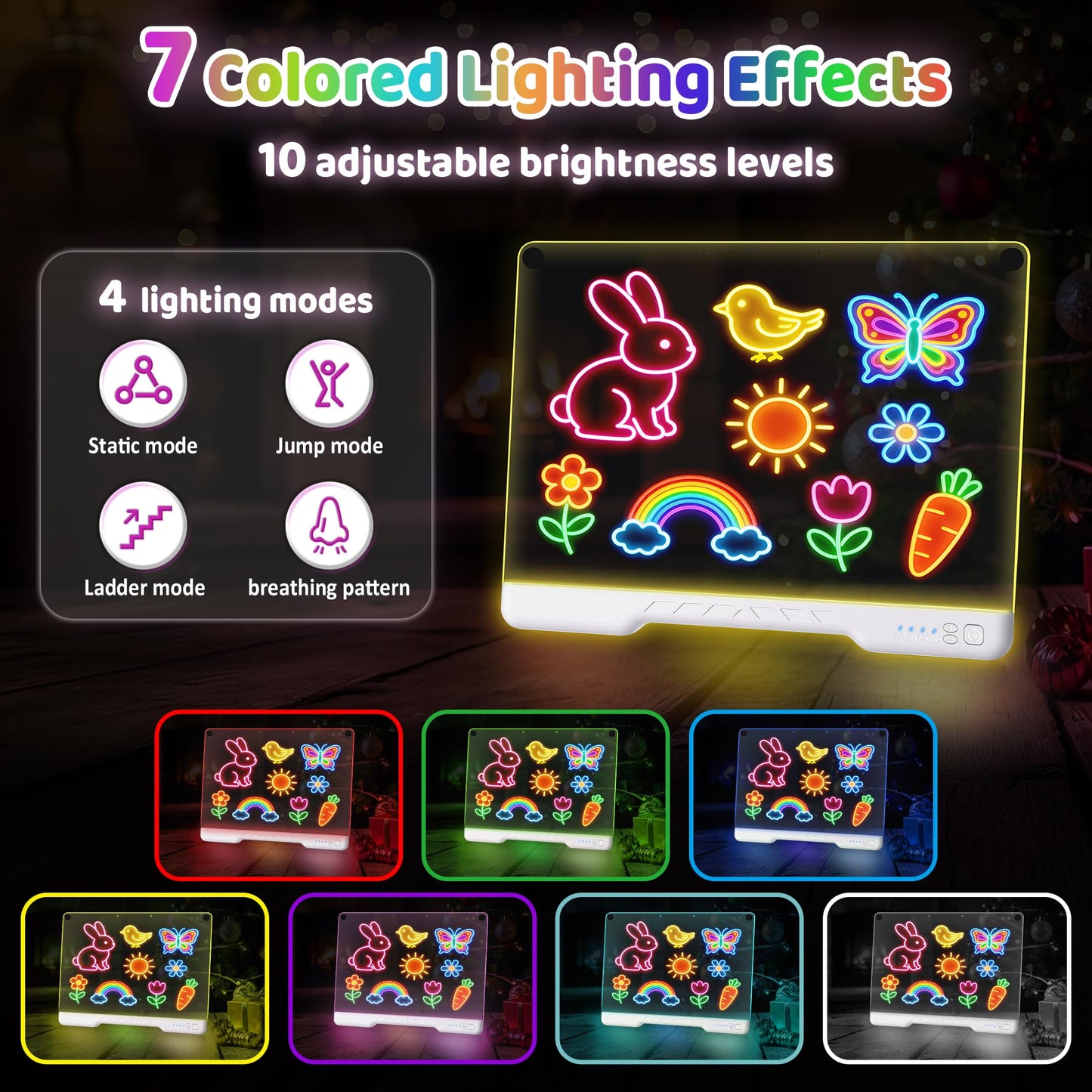 LED Drawing Board,16 Inch Rechargeable Light Up Writing Pad, 7 Colors & 4 Lighting Modes Neon Art Dry Erase Glow Up Doodle Pad,7 Markers & Tracing Book Art Gifts for Kids Ages 4 5 6 7 8 9 10 11 12