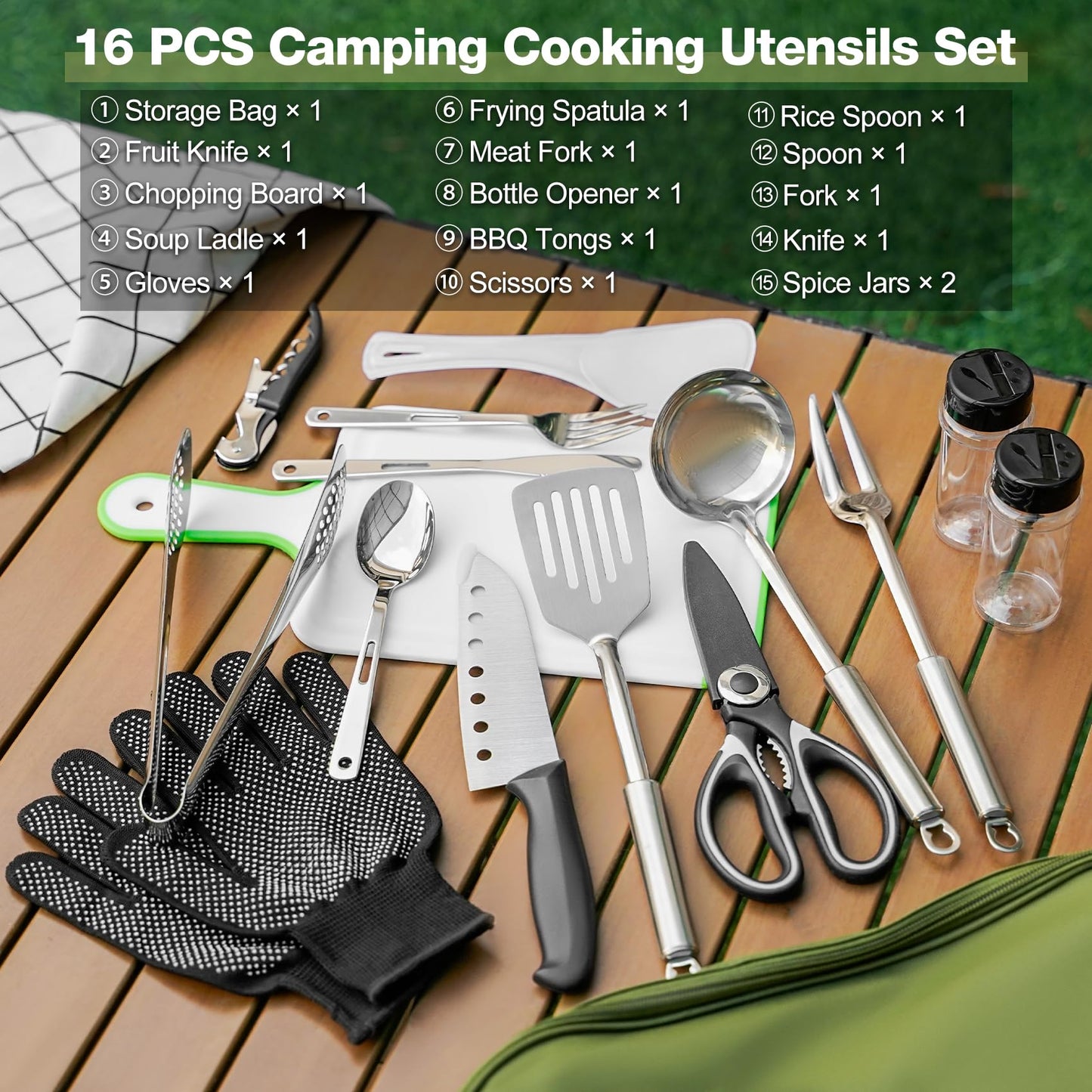ONLYFIRE OUTDOOR LIVING Portable Camping Utensil Set, 16 Piece Cookware Kit, Outdoor Cooking and Grilling Utensil Organizer Travel Set Perfect for Picnic, RV, Tailgating, Camping, Hiking, CT606