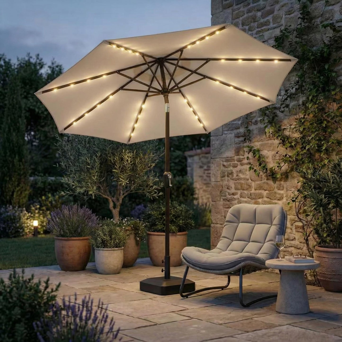 Kingdura 10FT Outdoor Patio Umbrella with Solar Lights, Market Table Umbrella with Push Button Tilt & Crank, 8 Sturdy Ribs, 32 LED Lights, UV Protection for Garden Lawn Deck Backyard Pool (Beige)