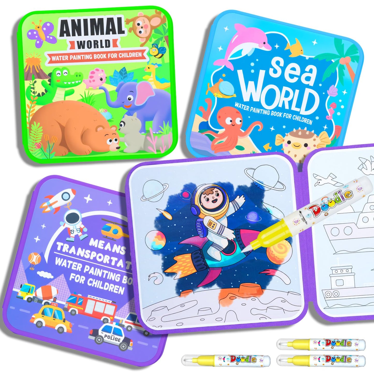 AIR BLOW Reusable Water Coloring Book for Kids, Magic Water Painting Books Toddler Travel Toys, Mess-Free Educational Activity Set, 3 Books with 3 Pens, Animal Ocean Transportation Daily Life YW1