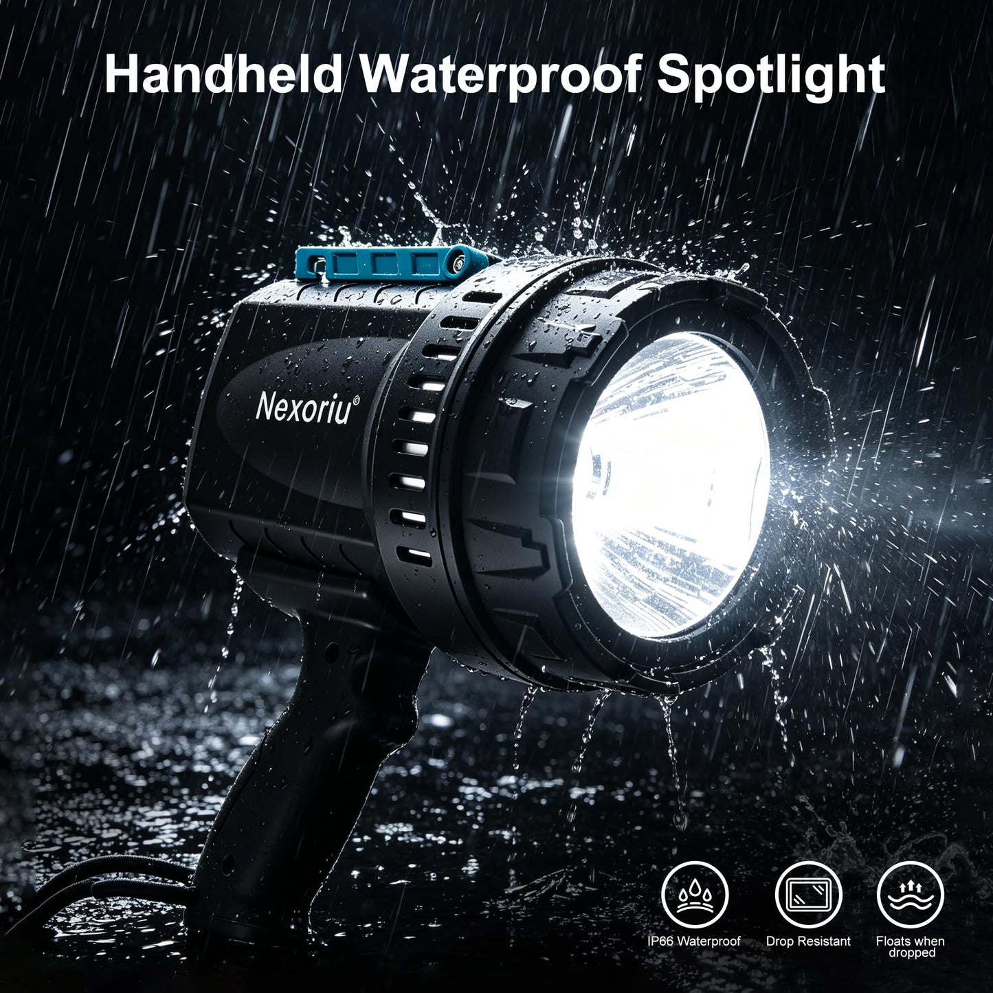 Nexoriu LED Spotlight 10000LM Super Bright, 14.8V 4500mAh Rechargeable Battery, 1500m Long Range Handheld Search Light, IP65 Waterproof with 3 Modes & SOS for Camping, Hunting & Emergency Repair
