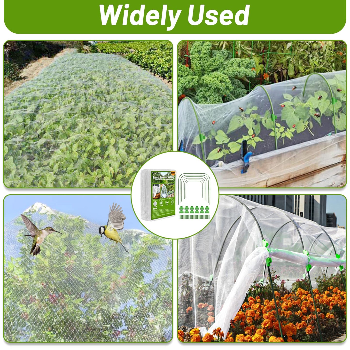 Cludoo 67pcs Garden Mesh Netting Kit,6 Sets Wide Garden Hoops with 10x20 ft Garden Covers Bird Netting& 12 Clips, Garden Protection for Raised Beds Greenhouse Vegetable Plants Flowers Animals