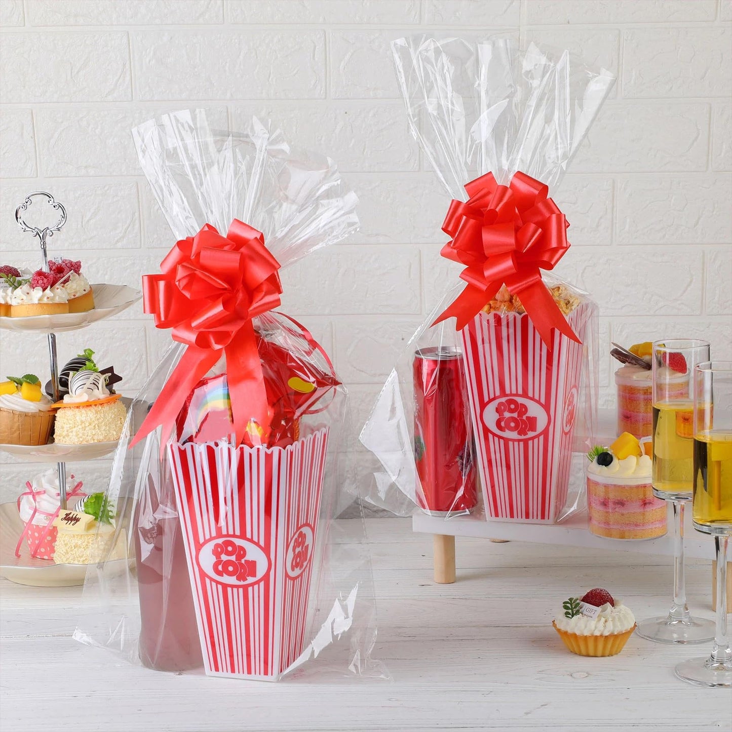 Engrowtic 6 Pack Movie Night Gifts Baskets Plastic Popcorn Box Containers with Bags and Bows for Holiday Movie Lover Wedding Birthday Party Favors DIY Kits