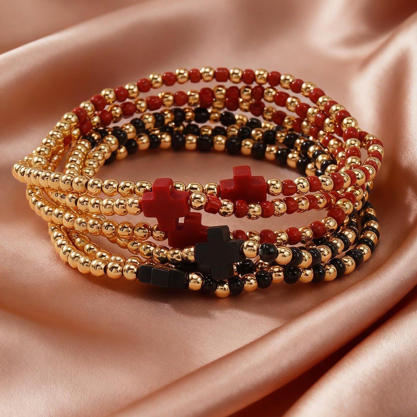 Bohxantium Gold Beaded Bracelets for Women Stackable Boho Gold Plated Red Black Seed Beads Ball Cross Bracelets Stack Elastic Stretch Trendy Jewelry Accessories Non Tarnish Friendship Christian Gift