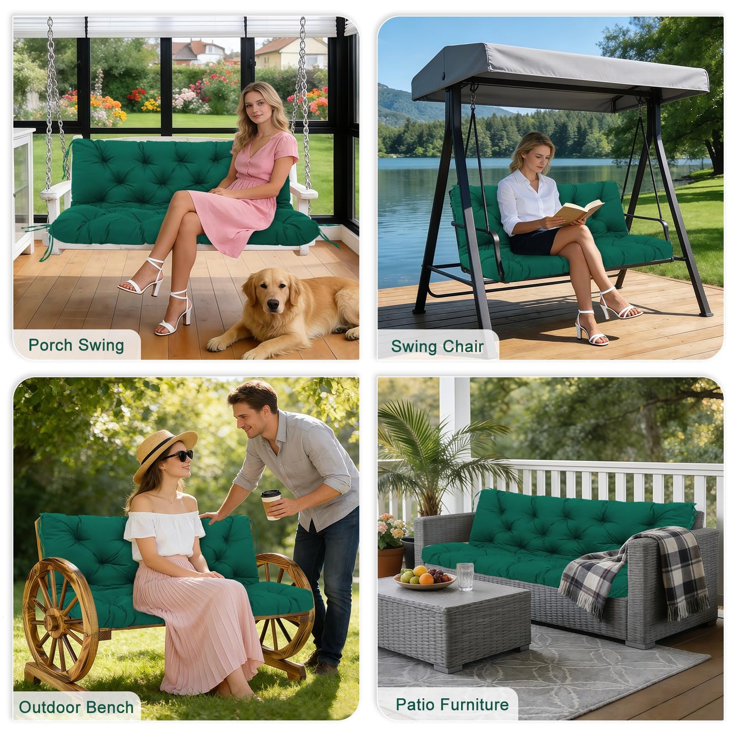 Porch Swing Cushions Outdoor 60 inch x 40 Waterproof Swing Cushions 3 Seater Replacement with Backrest & 8 Ties 5" Thick Bench Swing Cushions for Outdoor Furniture Patio(Dark Green)
