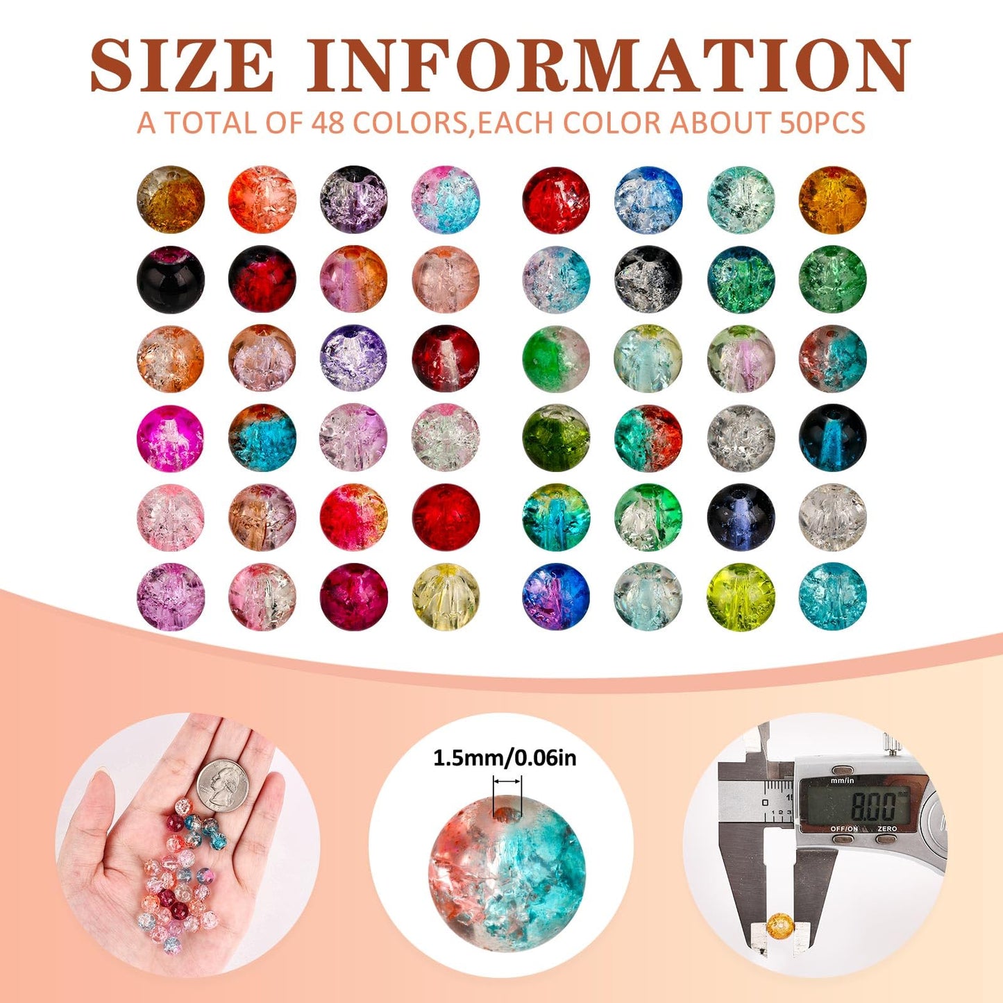XSEINO 2400 Pieces 8mm Crack Glass Beads for Jewelry Making,48 Dazzling Colors Round Glass Beads for Making and DIY Crafts