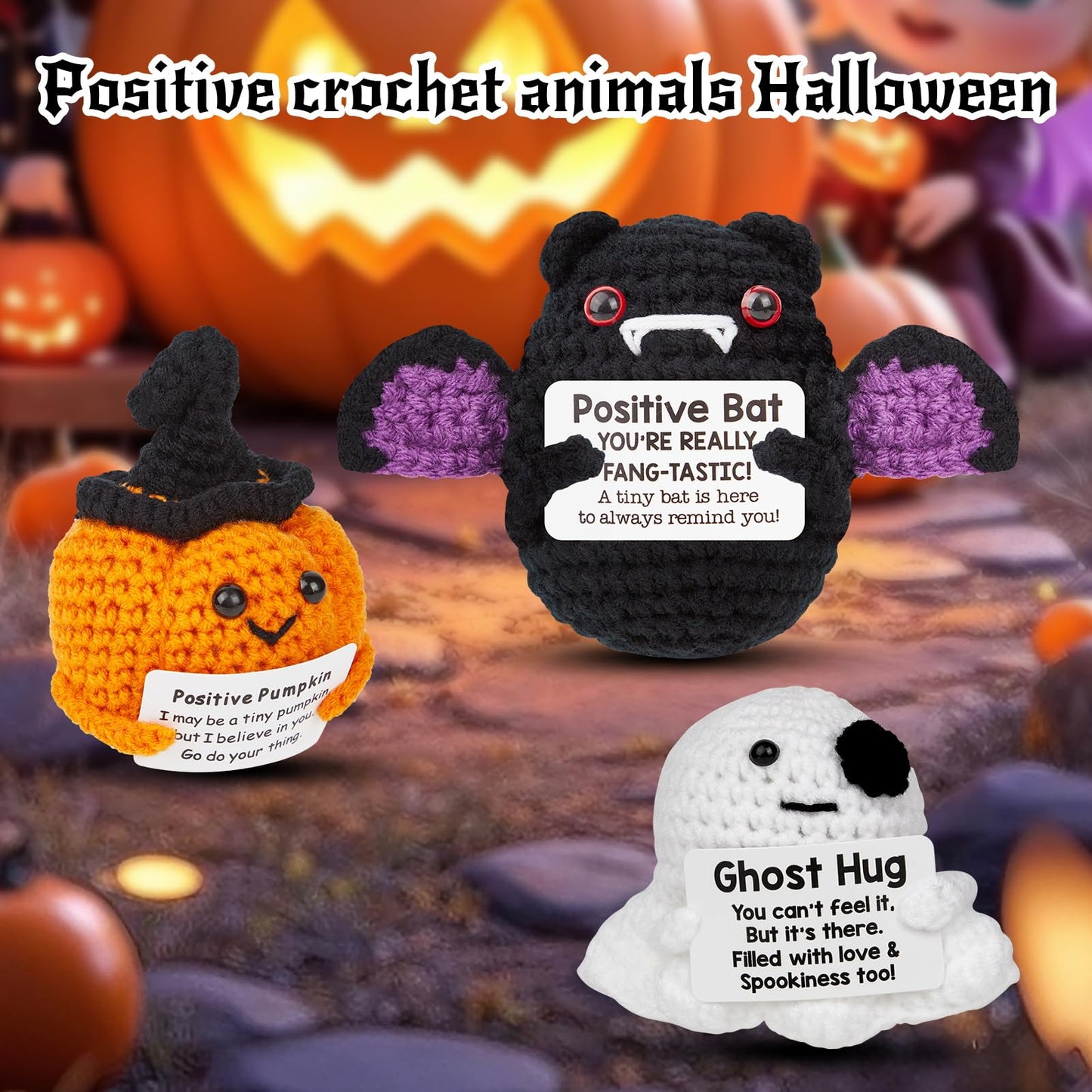 HICFRWE Positive Crochet Animals, Halloween Decor Indoor, Positive Pumpkin Bat Ghost Emotional Uplifting Support Crochet Animals, Ideal for Women Friends Teens