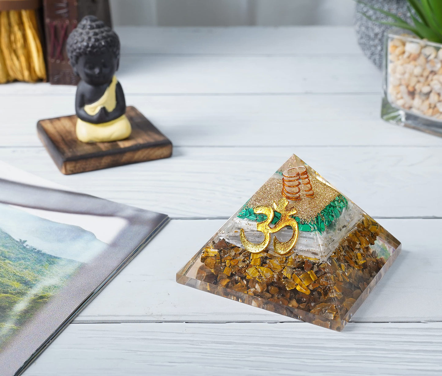 55mm orgone pyramid Tiger Eye, Selenite & Green Malachite protection crystals reiki healing stones, organite pyramid for good luck gift for women men gemstone crystal chakra charm orgonite collection
