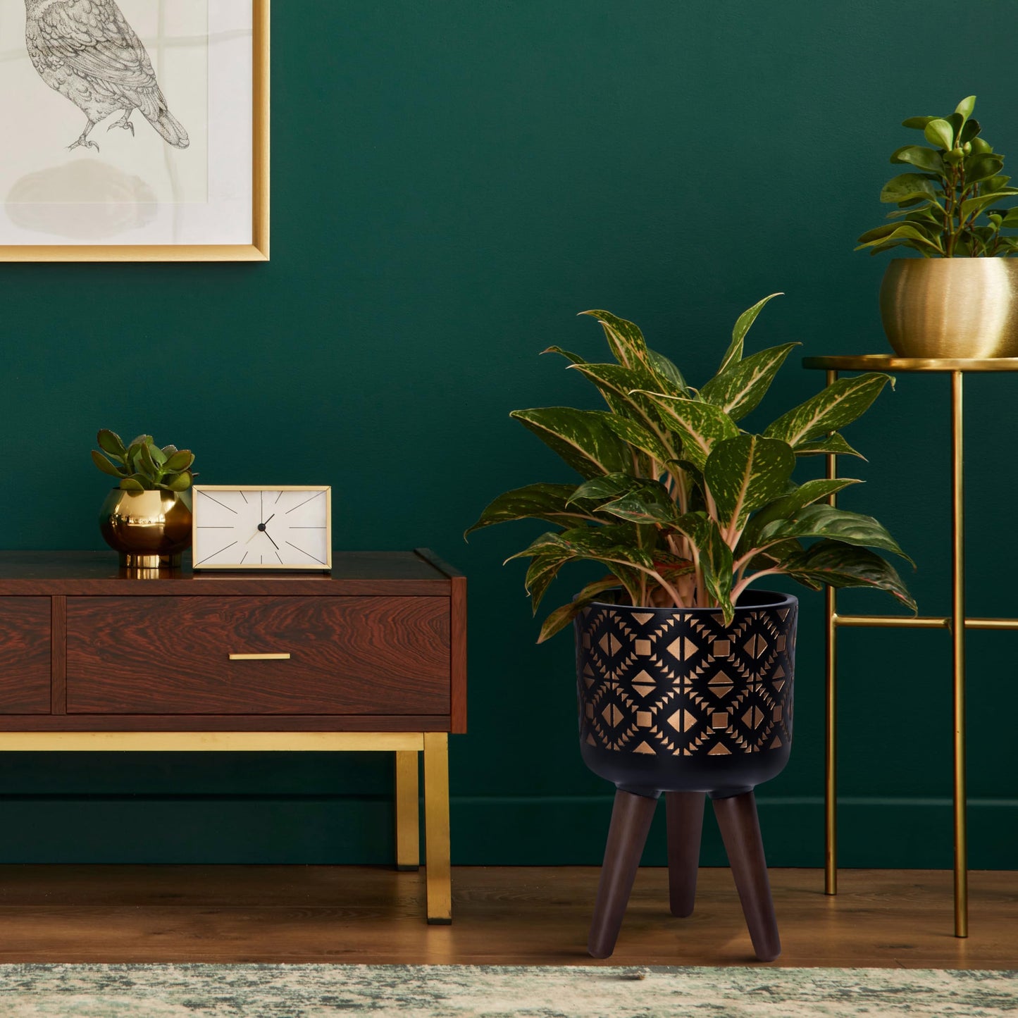 D'vine Dev 8 Inch Planter Pot with Stand, Mid-Century Tall Plant Pot with Legs for Indoor Plants, Small, Bronze/Black, 88-G-A-6