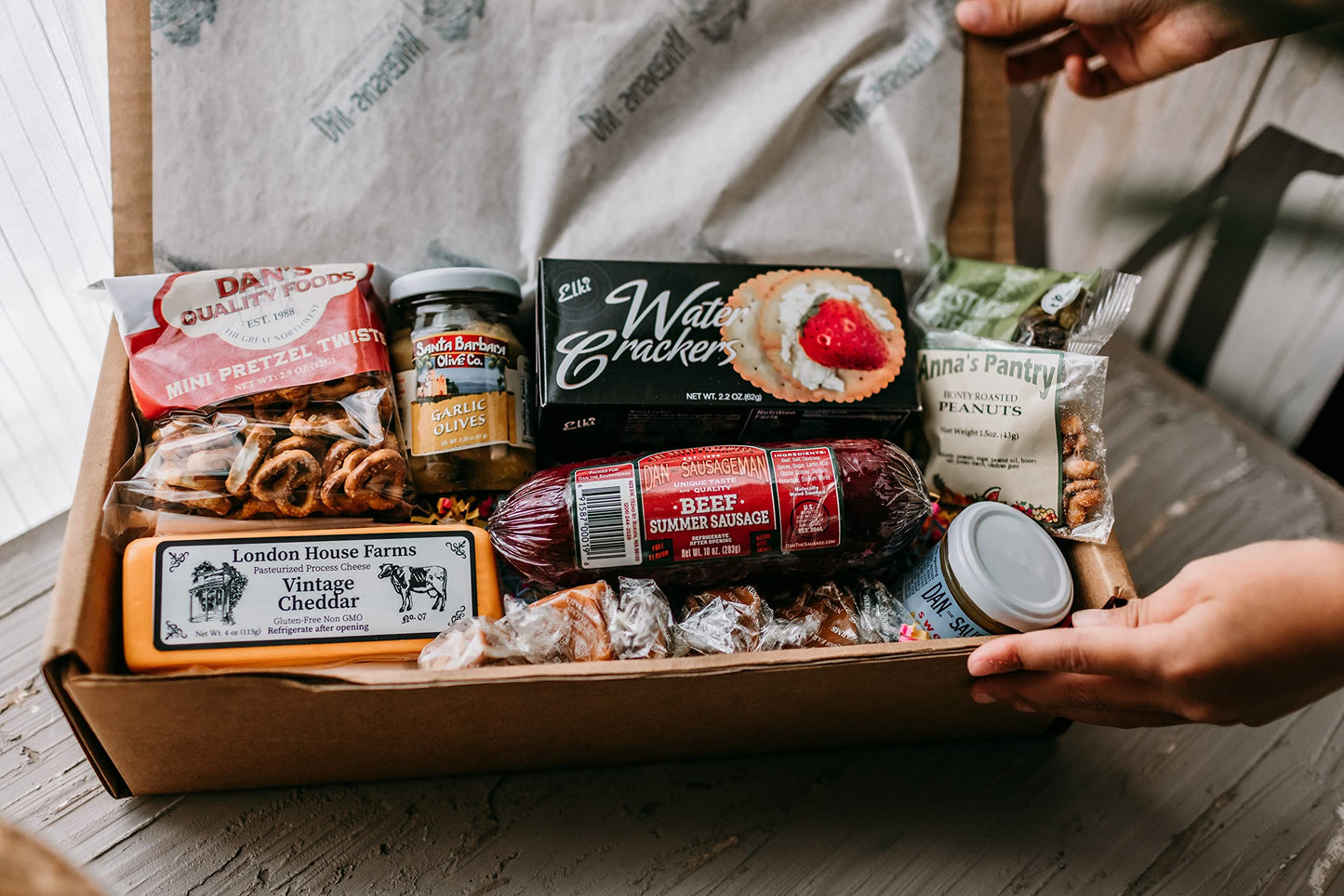 Dan the Sausageman's Thank You Gift Basket 14 items– Featuring 100% Beef Summer Sausage, Wisconsin Cheese & Sweet Hot Mustard | Mothers Day Gift Basket, Snack Box for Adults