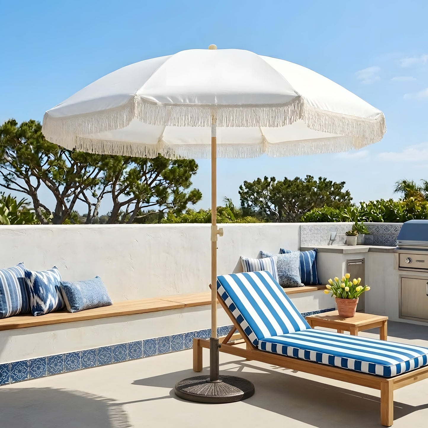 Kbrellaoutlets 7FT Boho Patio Umberlla with Fringe,UPF50+ Outdoor Umbrella with 8 Fiberglass Ribs and Push Button Tilt,Tassels Umbrella for Beach,Terrace,Picnic (Cream)