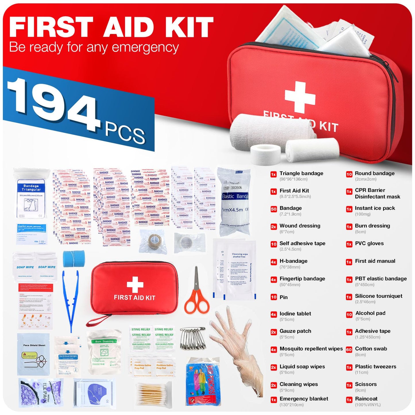 First Aid Kit 194 Piece Emergency Kits for Hiking Camping Trauma Kit for Boat Vehicle Compact Aid Kit for for Home Car Travel Outdoor Survival