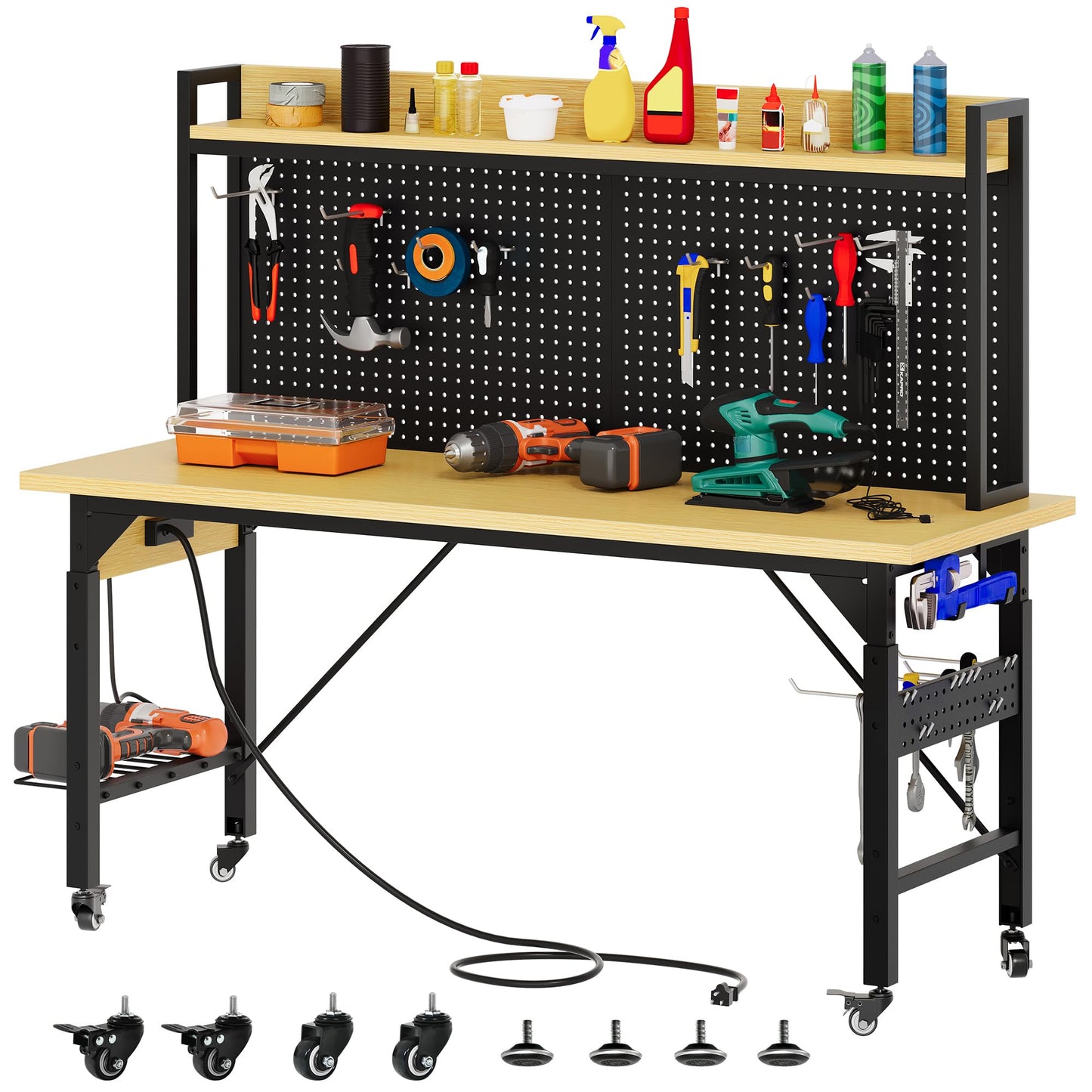 YITAHOME 60" Adjustable Workbench with Pegboard, Wheels & 1600 LB Capacity, Rolling Work Table with AC/USB Outlets, Hooks, and Rack, Heavy-Duty Work Bench for Garage, Workshop, Office, or Home
