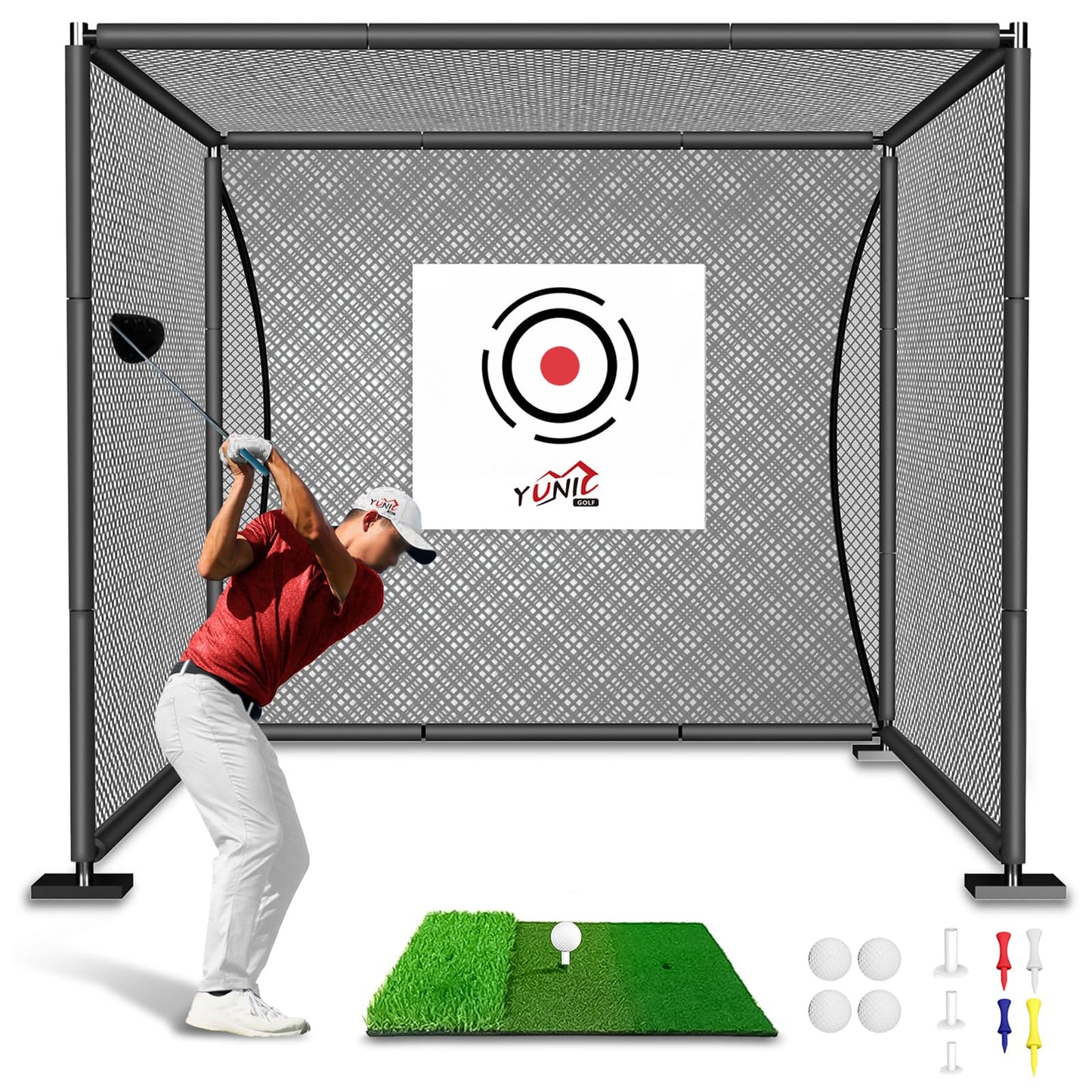 YUNIC Golf Driving Cage with Steel Frame, Golf Nets for Backyard Driving for Full Swing and Chipping Practice Indoor Outdoor (Black, 10'(W) x8'(H) x5'(D))