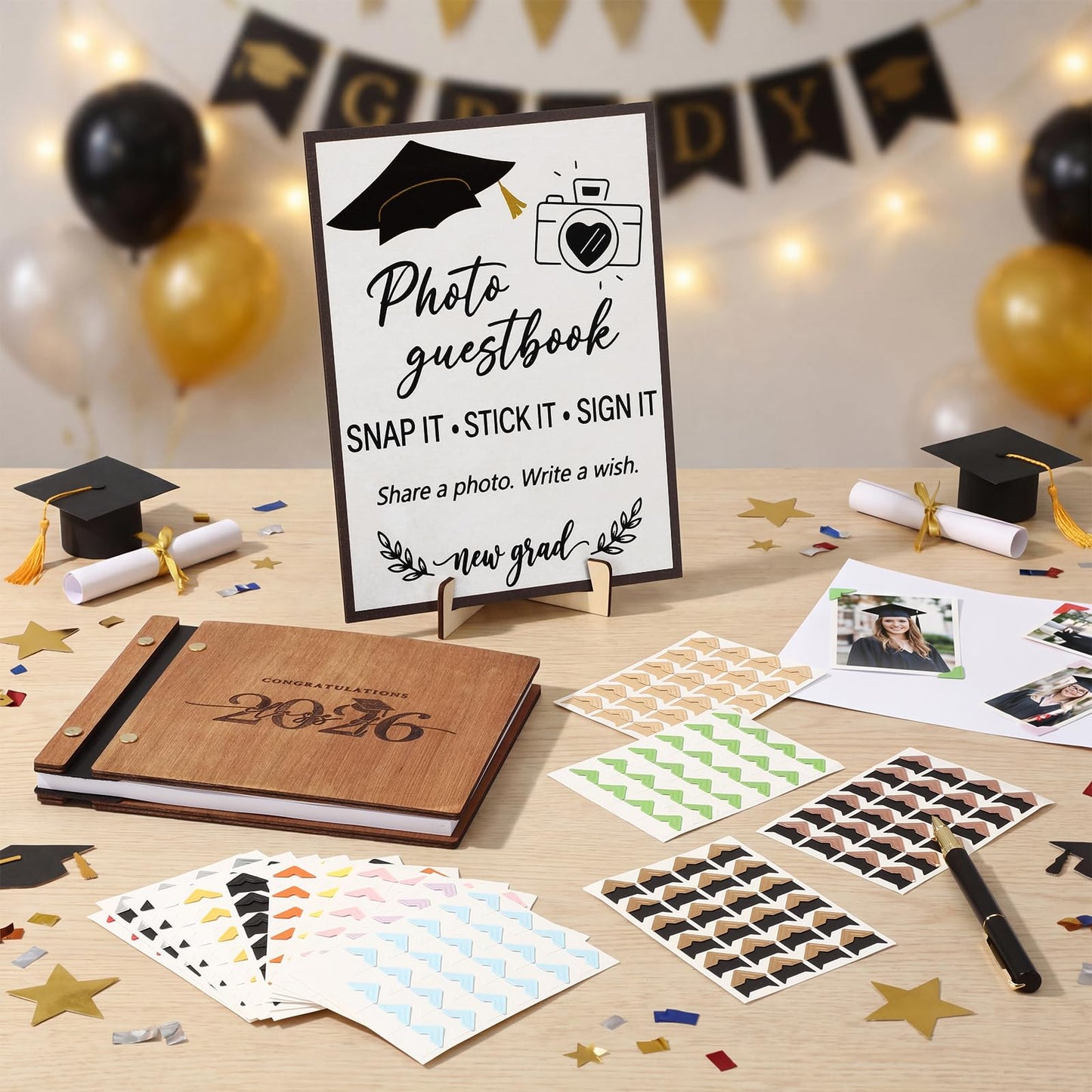 Thenshop 2026 Graduation Guest Book Set, Wooden Photo Album Scrapbook 126 Pages, Guest Book Sign, Pen, 360 DIY Photo Corners for Class of 2026 Grad Party Decorations Favors Gifts (Natural Wood)