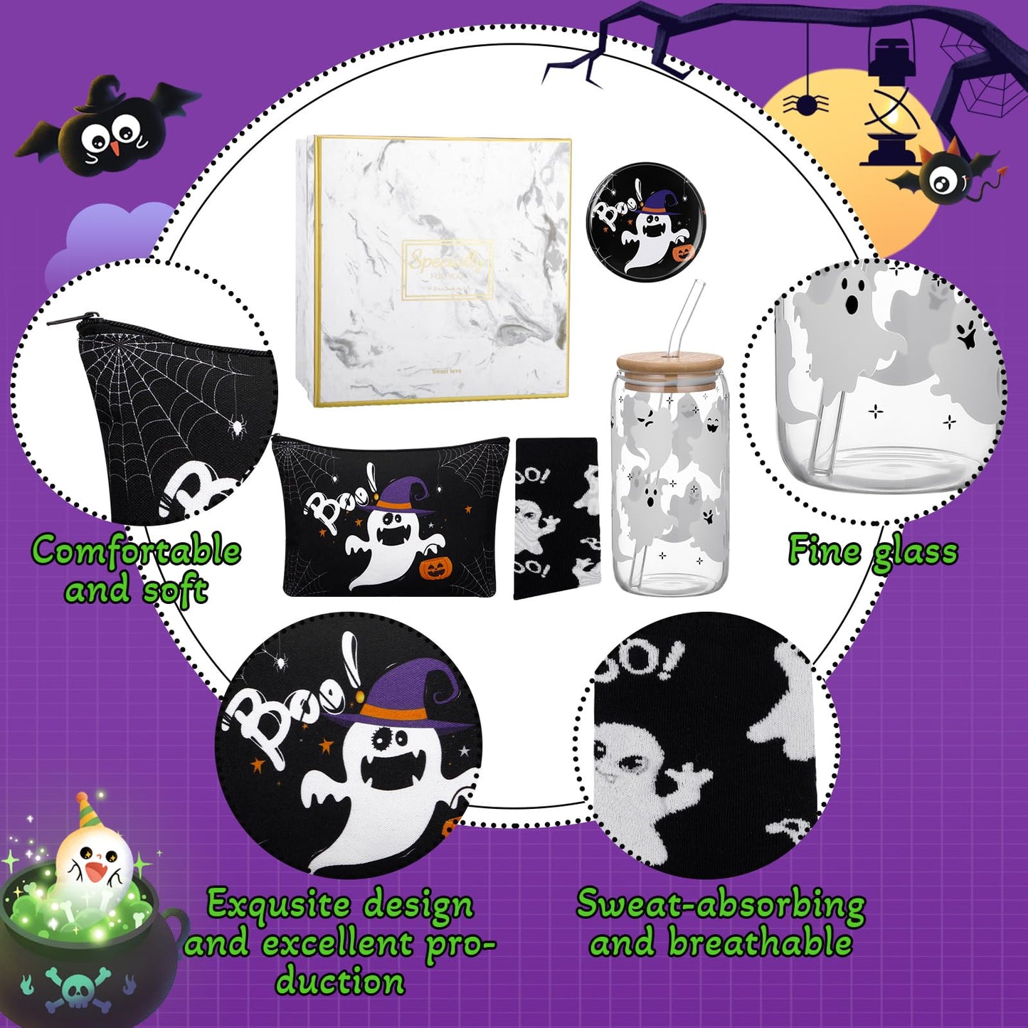 Kacctyen 5 Pcs Boo Basket Gift for Women Spooky Ghost Gift 16 oz Ghost Glass Cups with Lid Straw Spooky Cosmetic Makeup Bag Pocket Mirror Sock Boo Basket Stuffers for Her Sister Friend