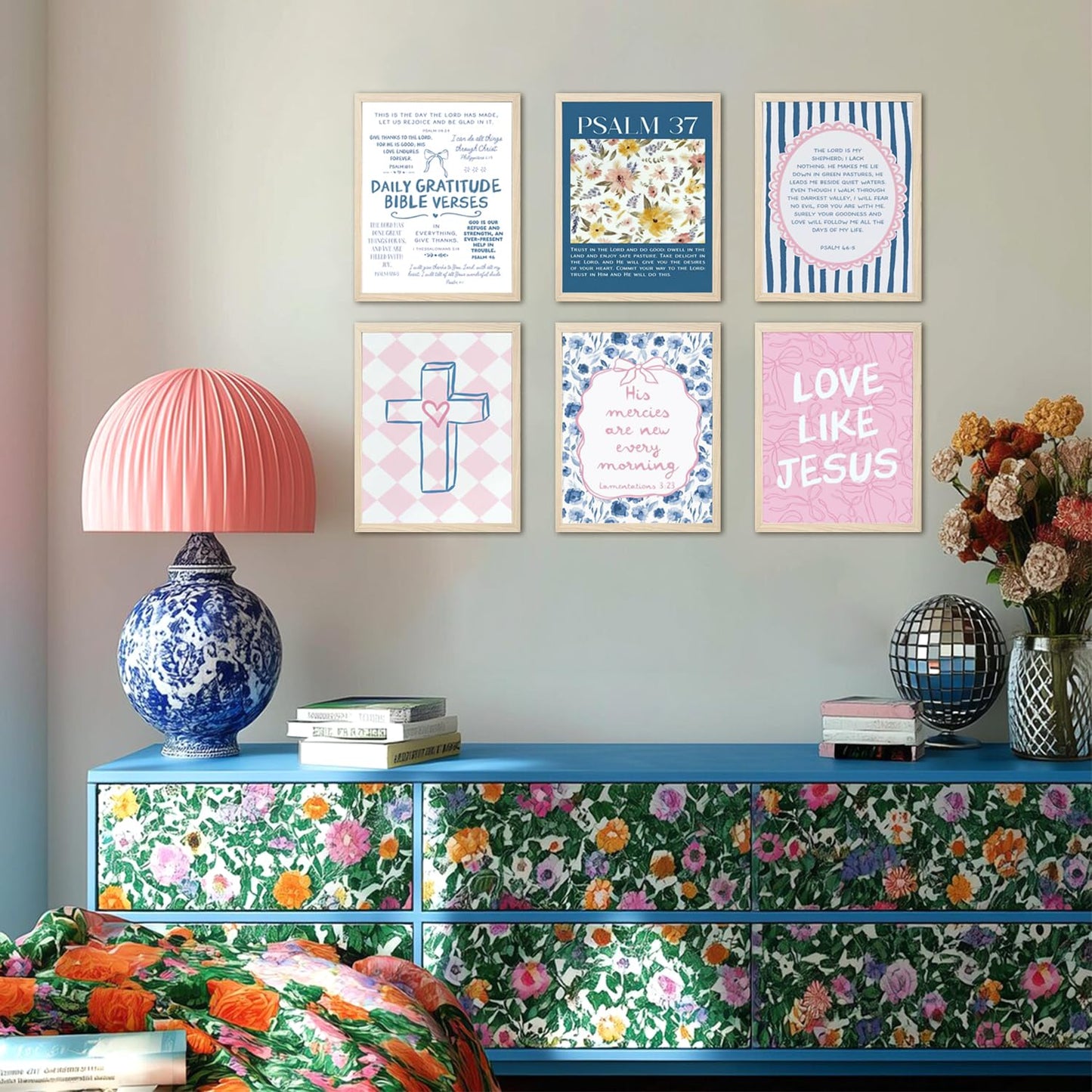 Pink Blue Christian Wall Art Set of 6, Preppy Bow Bible Verse Canvas Posters, Floral Scripture Wall Decor Pictures Jesus Religious Painting Trendy Prints for Girls Bedroom Dorm 8x10in Unframed