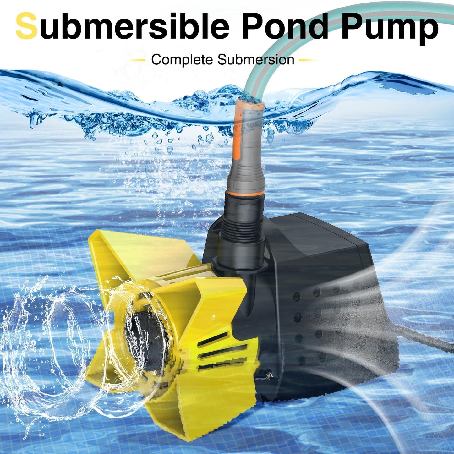 DECOKTOOL 3200GPH Pond Pump, 200W Submersible Water Pump with 33FT Power Cord & Barrier Bag, 2 Hose Adapters, 20FT. Lift Height for Garden Ponds, Fountains, Waterfalls, Water Circulation (Yellow)