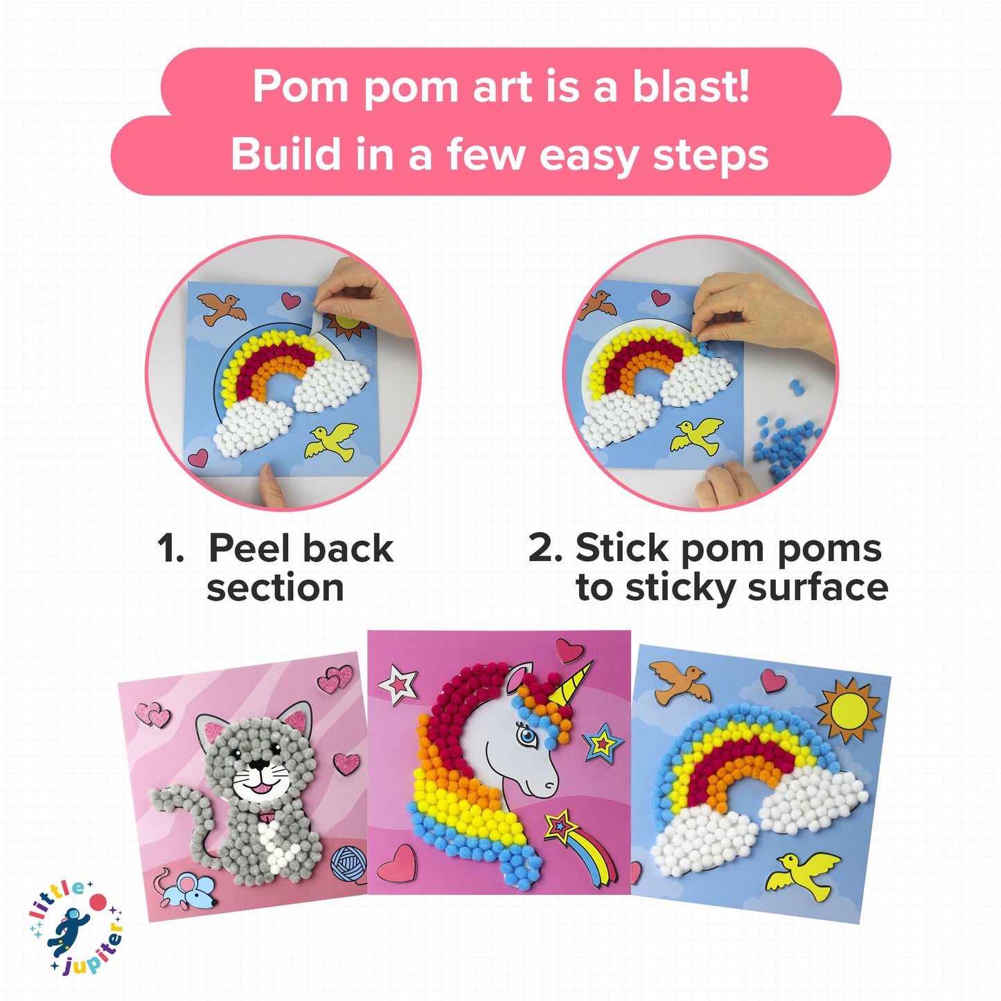Little Jupiter DIY Pom Pom Art - Makes 3 Pieces -Boy & Girl Crafts for Kids Age 3-5 - Toddler Crafts - Pom Pom Art Projects for Kids 3-5 - (Set 2-Unicorn, Rainbow, Cat)