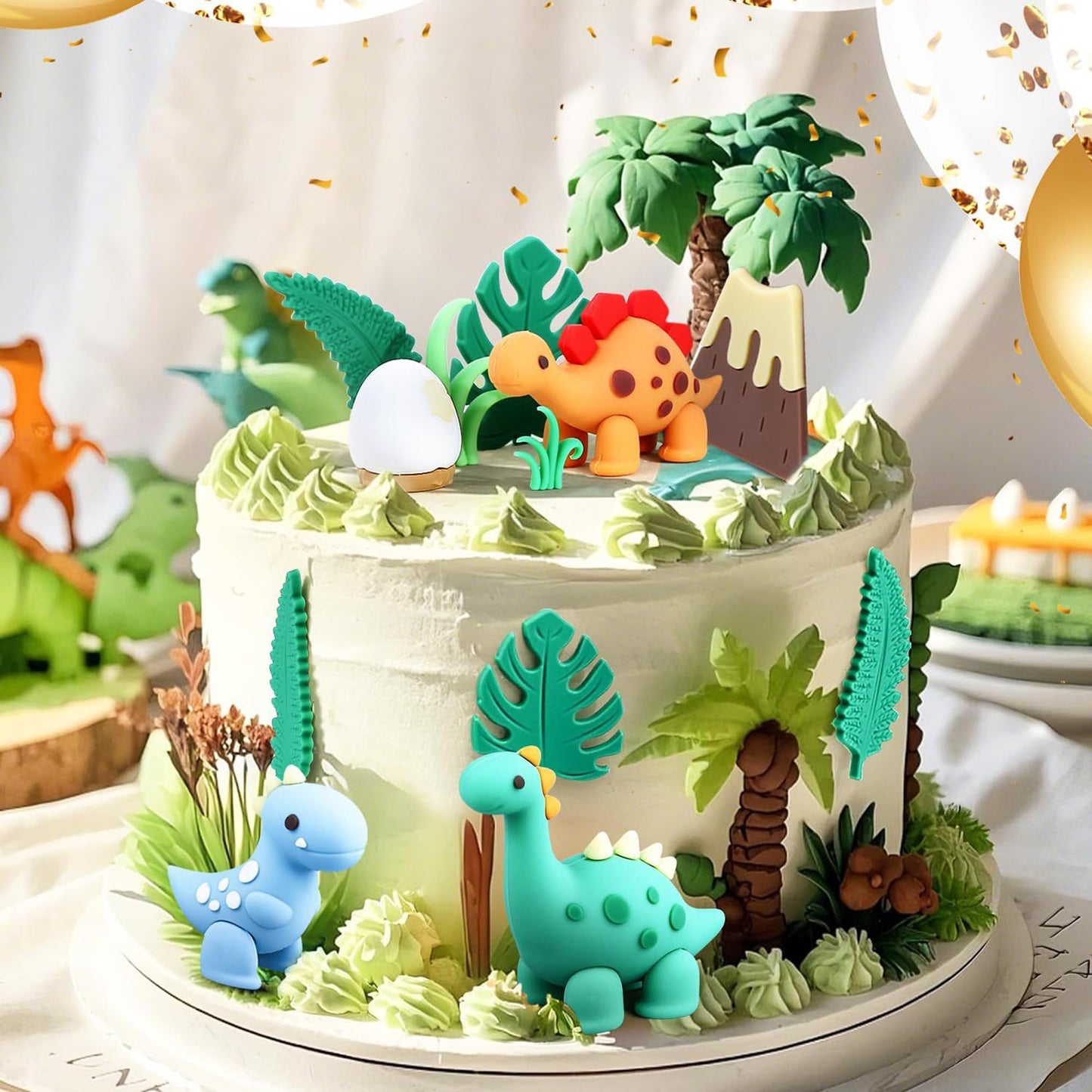 Simpfo-27 PCS Dinosaur Cake Topper, Birthday Decorations Set with Dinosaur Eggs, Jungle Leaves - Reusable Dinosaur Cake Decorations for Kids, Dino Theme Party Supplies for Boys Girls Toddler（Simpfo）
