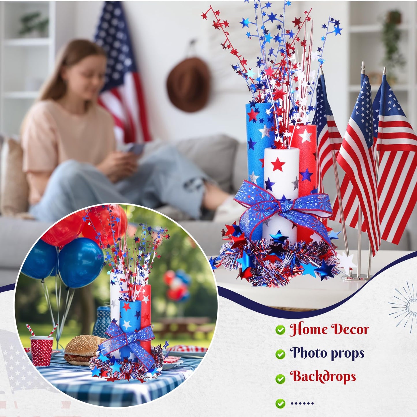 Maasechs 4th of July Foam Firecracker DIY Kits Patriotic Decorations Include Red White Blue Foam Noodles Stars Branches Sticker Ribbon Tinsel Garland for Independence Day Memorial Day Home Party Decor