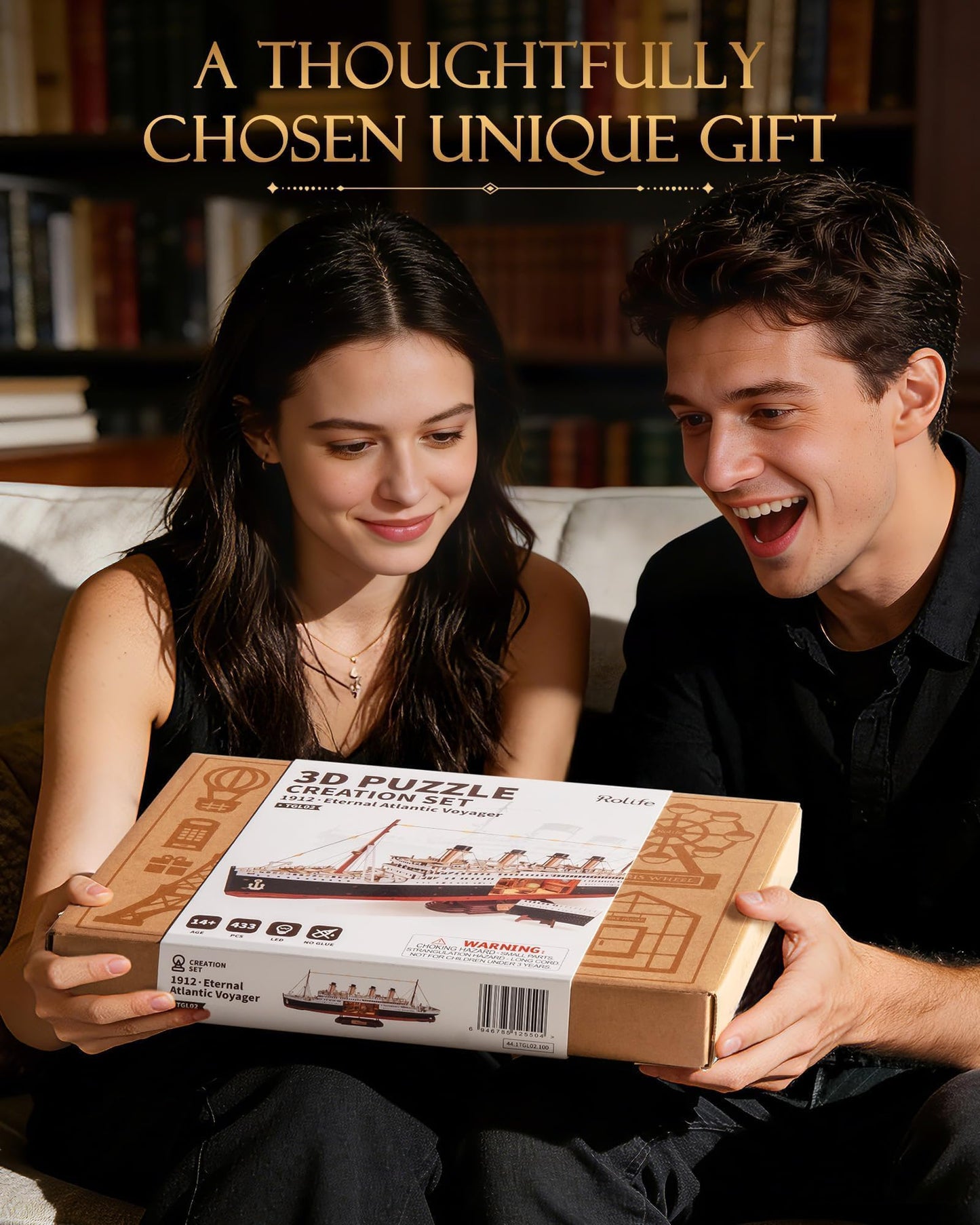 Rolife 3D Wooden Puzzles for Adults with LED Lights, 433 Pieces 19.5" Titanic Model Ship Kits for Adults, DIY Craft for Home Decor & Unique Birthday Valentine's Day Gift