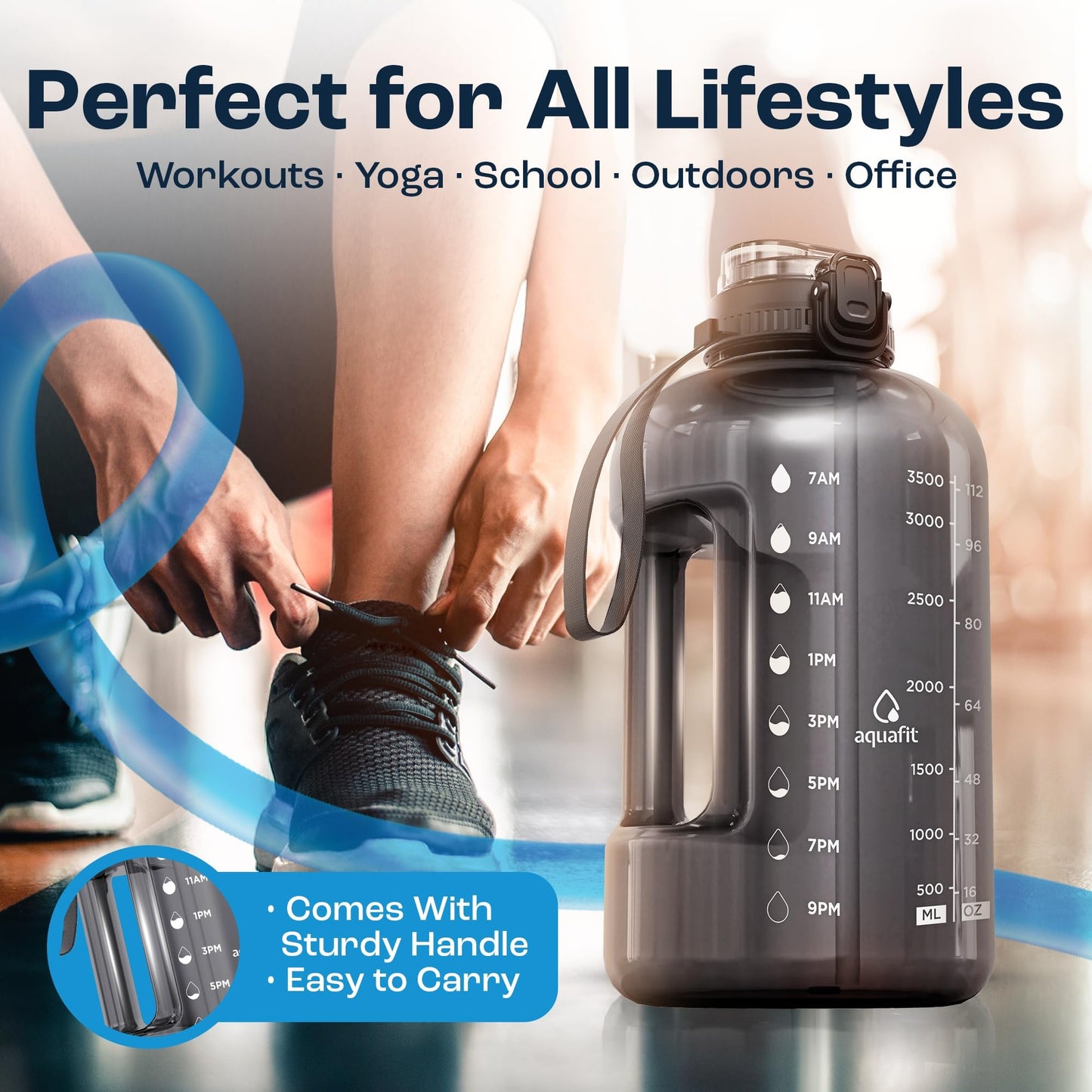 AQUAFIT 1 Gallon Water Bottle with Time Marker - Straw & Chug Lid - BPA Free Gym Water Bottle with Straw - Big Gallon Jug (Gray, 128 oz - 2in1 Lid)