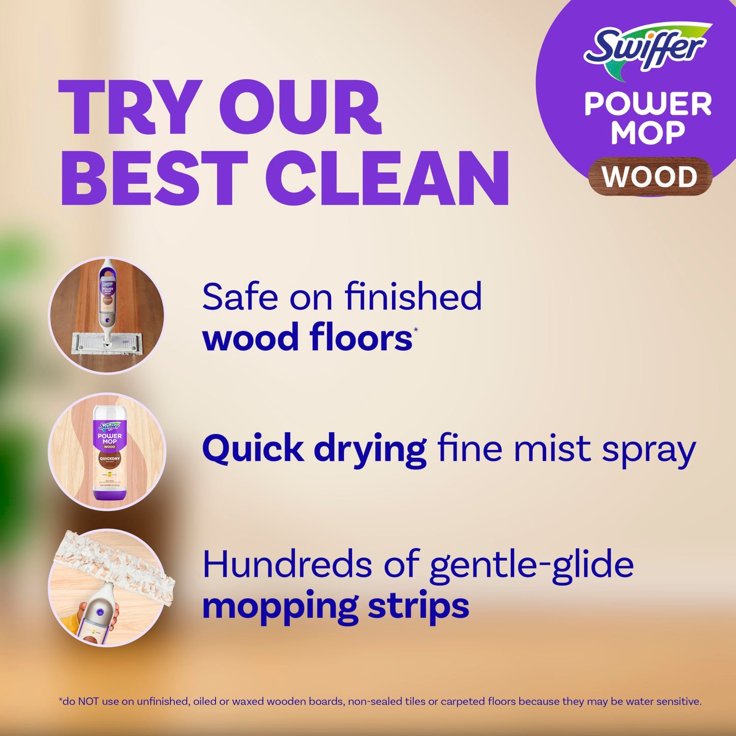 Swiffer Power Mop Wood, Hardwood Floor Cleaner for Mopping Home, Bathroom, Kitchen, All Purpose Multi-Surface Cleaning Set includes PowerMop Wood, 2 Pads, 1 QuickDry Lemon Solution, & 2 Batteries