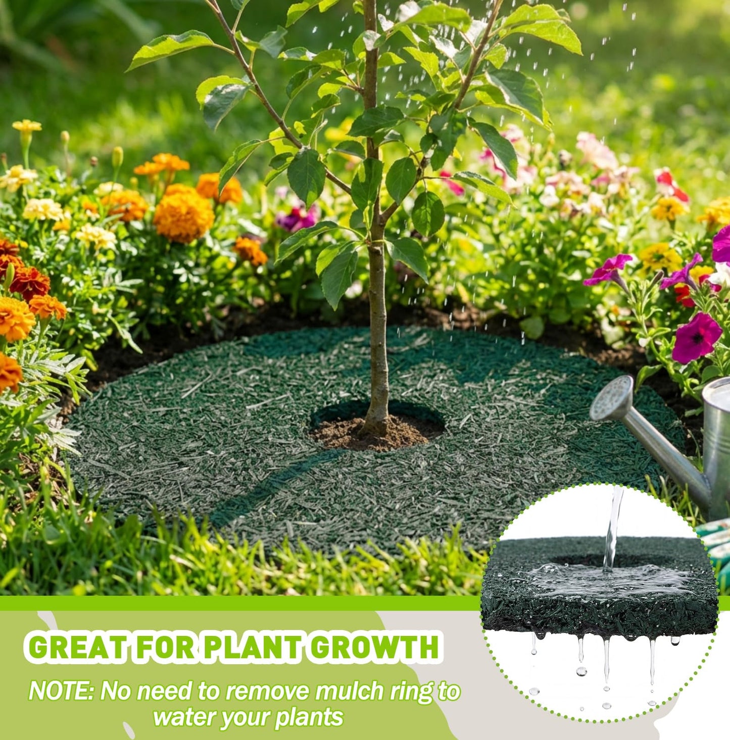 Peryiter 2 Pcs Double Side Rubber Mulch Tree Ring, Heavy Duty Rubber Mulch Mat, Tree Root Protector Mat Reversible Round Root Ring Weed Barrier for Prevent Animal Dig (Green)