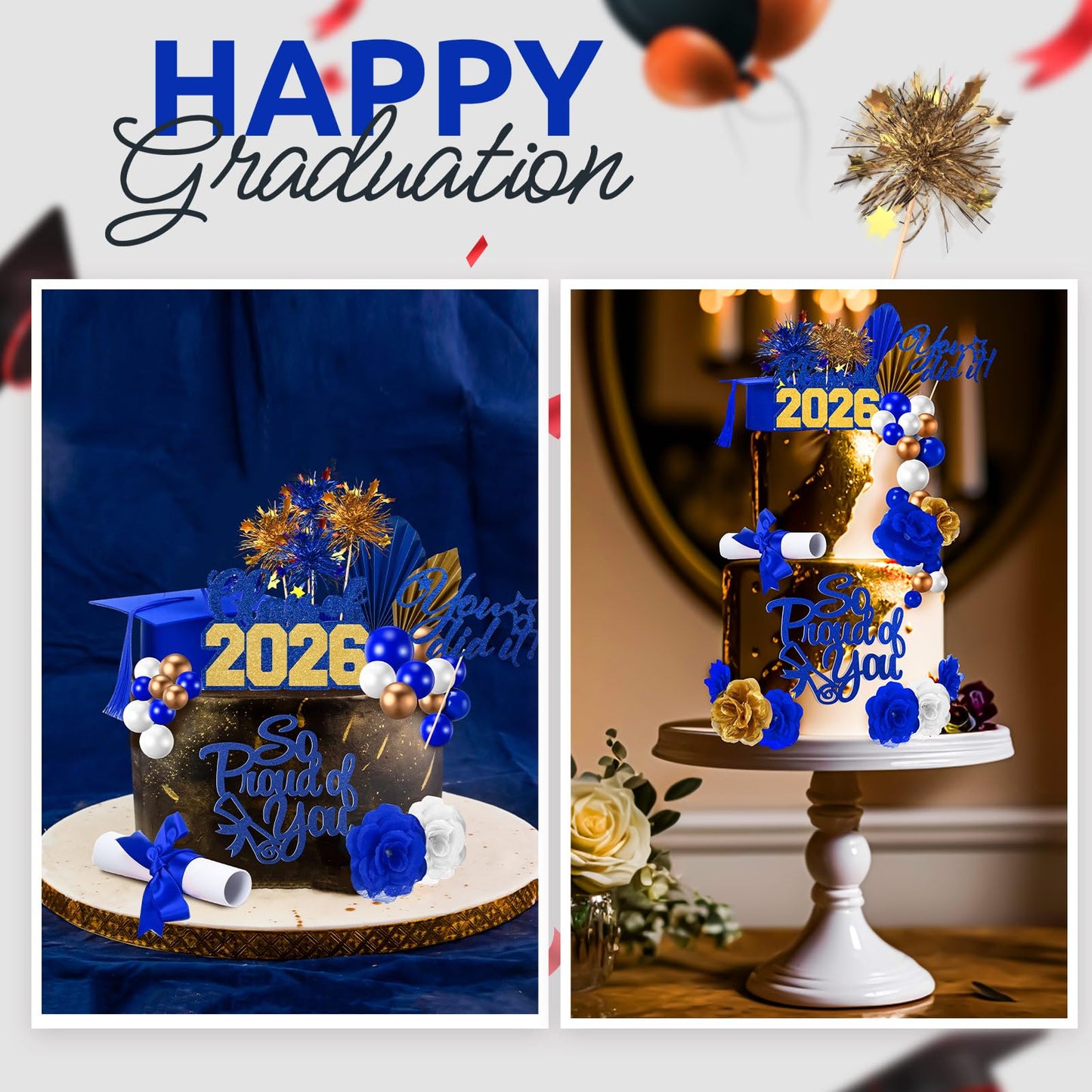 Sureio 48 Pcs Graduation Cake Toppers Class of 2026 Congrats Grad Cake Decor Graduation Cap Diploma Artificial Flower Card Ball Palm Leaves Firework Stick Kit for Theme Party Supplies(Blue, Gold)