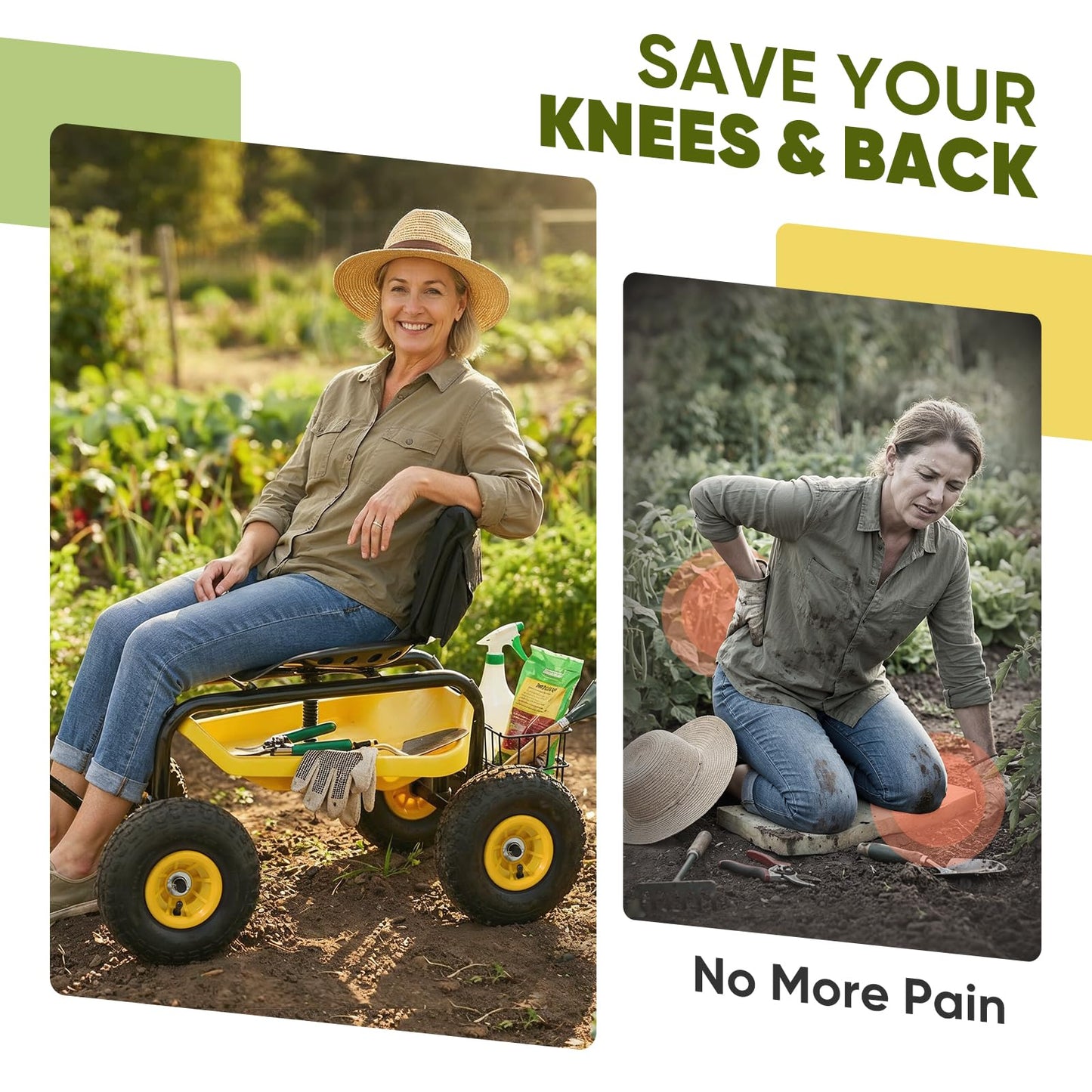 Sekey Garden Cart Rolling Workseat with Backsupport & 360° Swivel Seat, Heavy Duty Garden Scooter with Adjustable Height, Tool Tray, All-Terrain Wheels, 440 lbs Capacity for Seniors & Gardeners